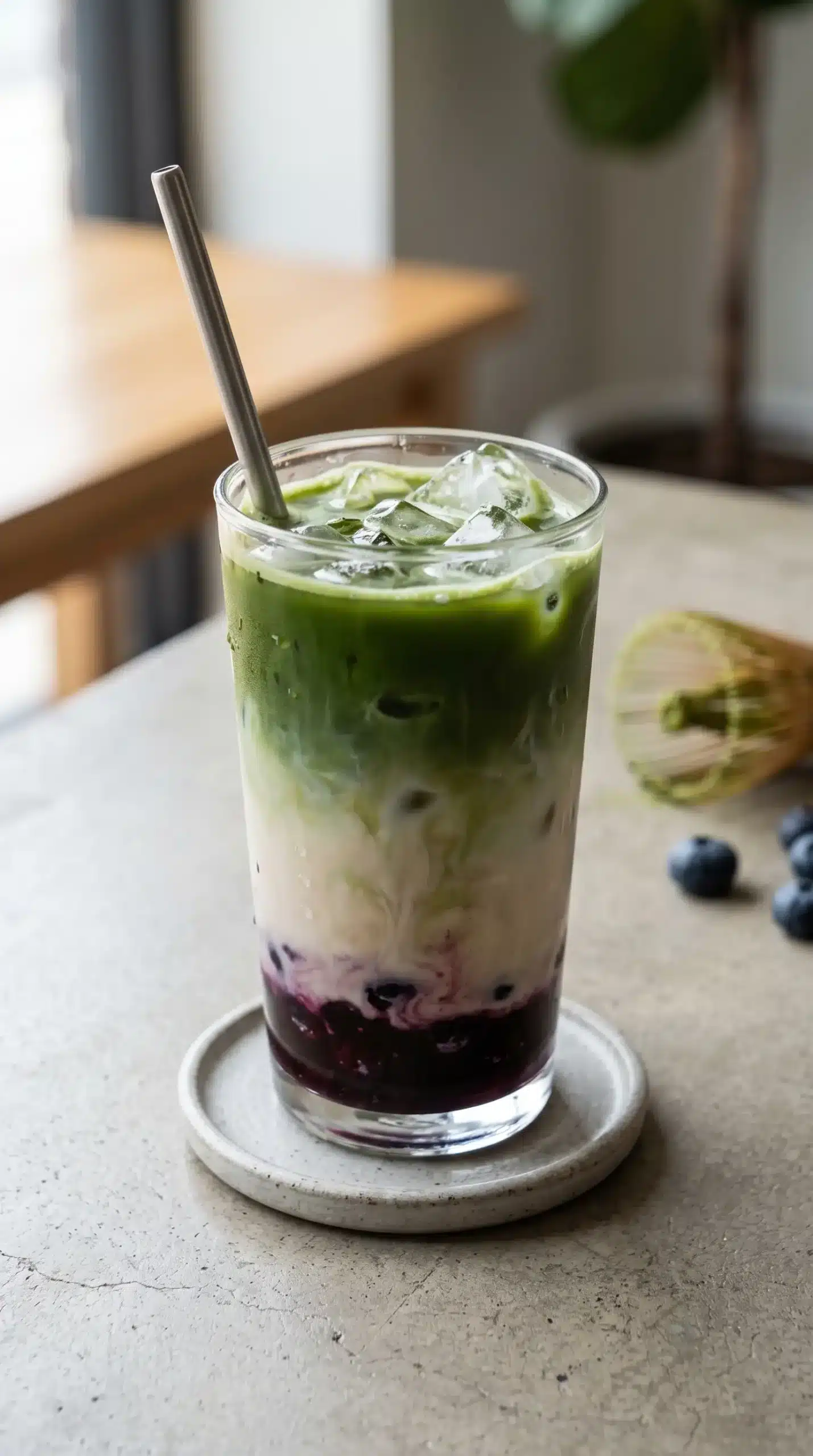 Iced blueberry matcha latte showing green matcha, oat milk, and purple blueberry syrup layers