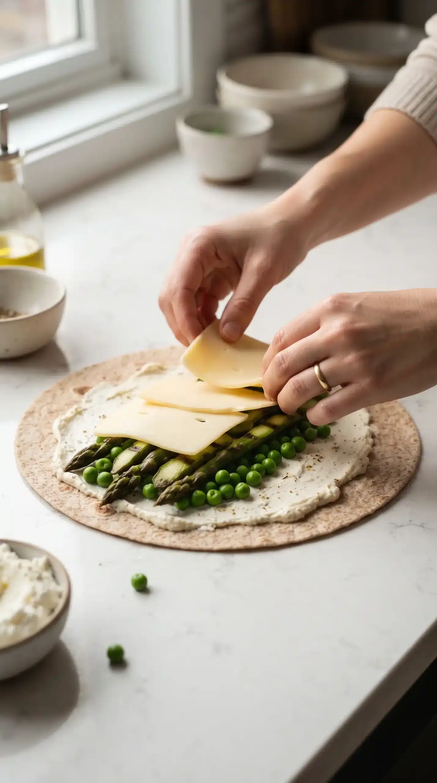 Whole wheat tortilla layered with ricotta, asparagus, peas, and Gouda for a quesadilla
