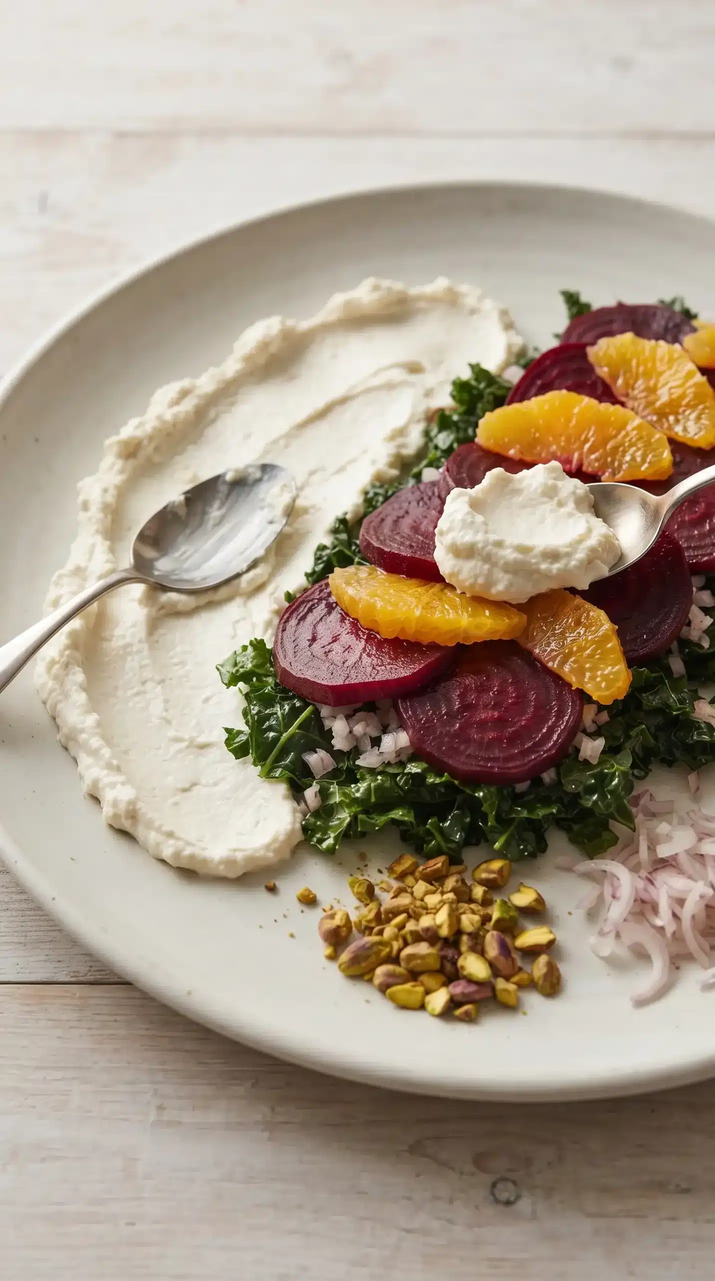 Layering ricotta, kale, beets, and oranges to assemble a beet salad