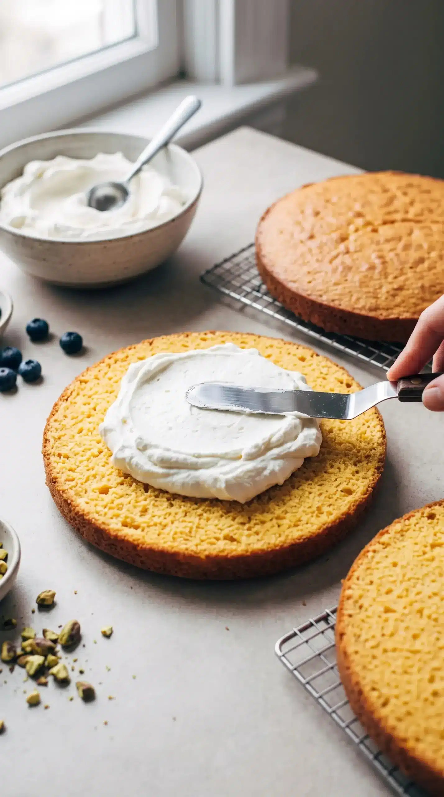 Layered orange cake assembly with whipped cream spread between cooled cake layers