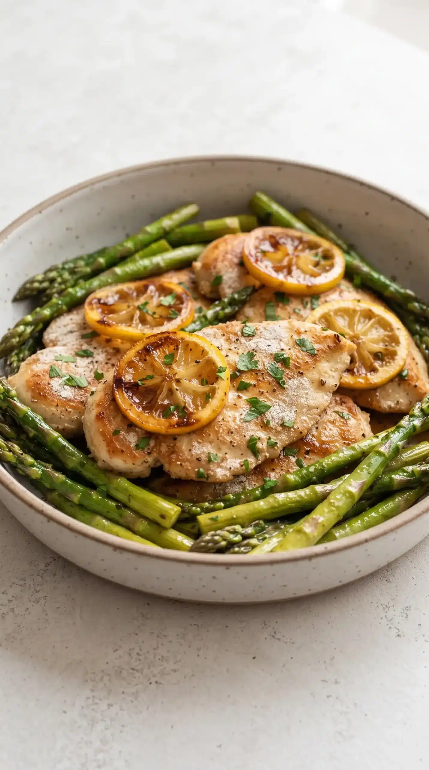 Lemon chicken skillet with golden chicken, asparagus, and browned lemon slices