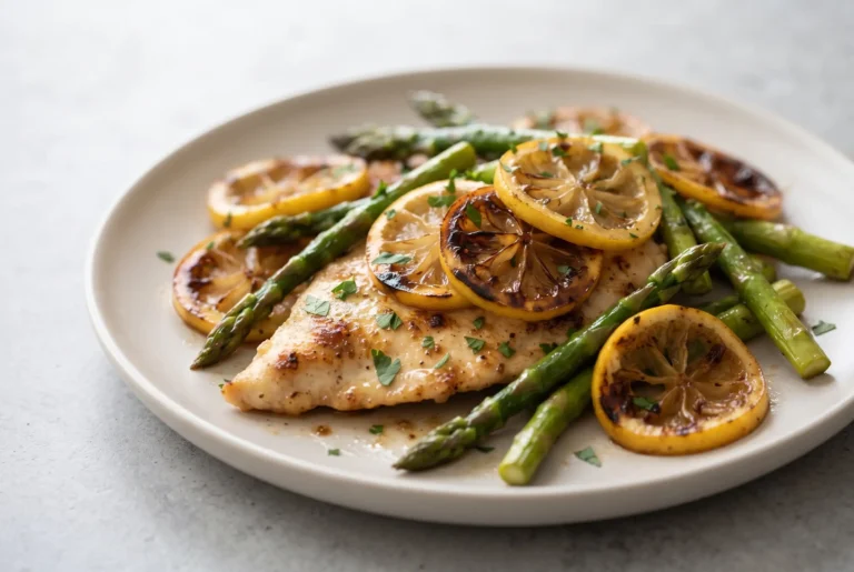 Lemon chicken with asparagus, browned chicken pieces, butter skillet sauce, and caramelized lemon slices
