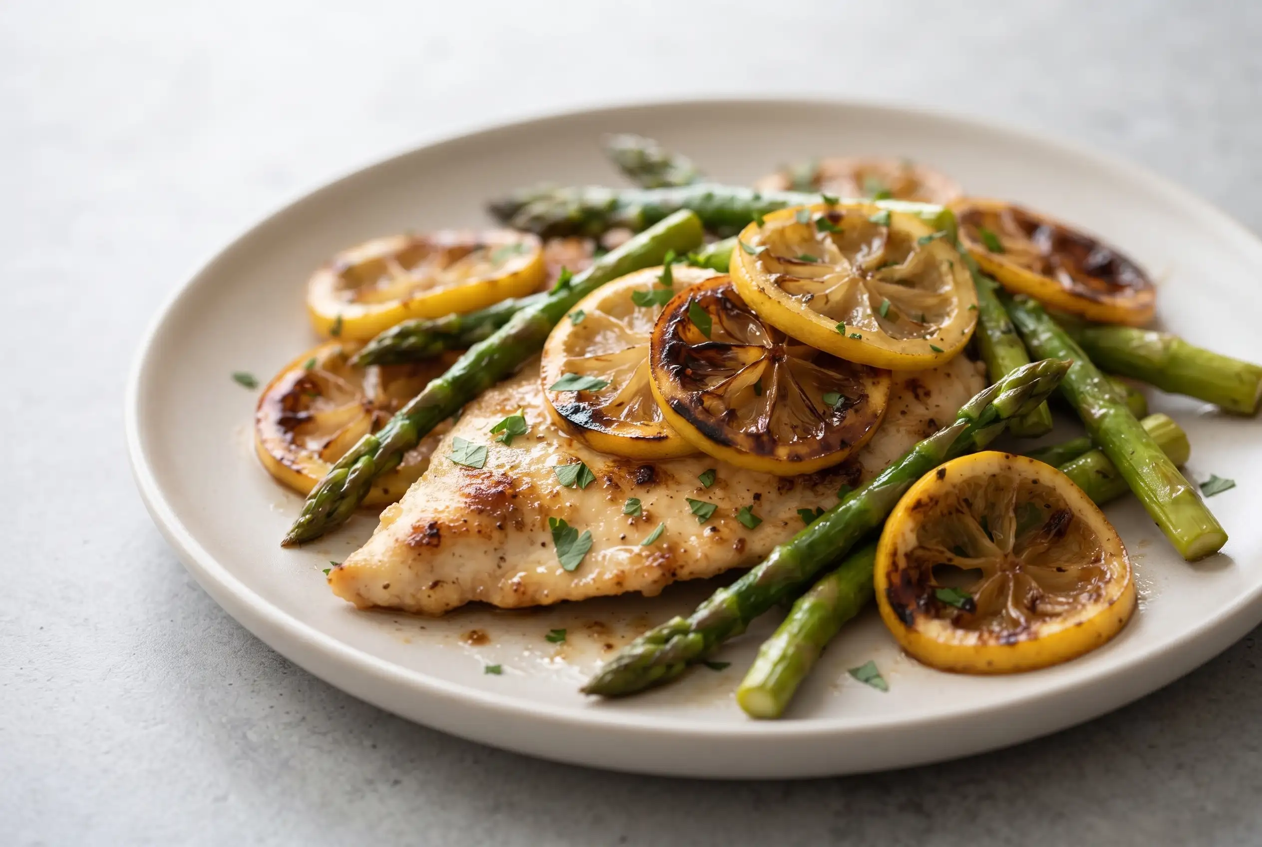 Lemon chicken with asparagus, browned chicken pieces, butter skillet sauce, and caramelized lemon slices
