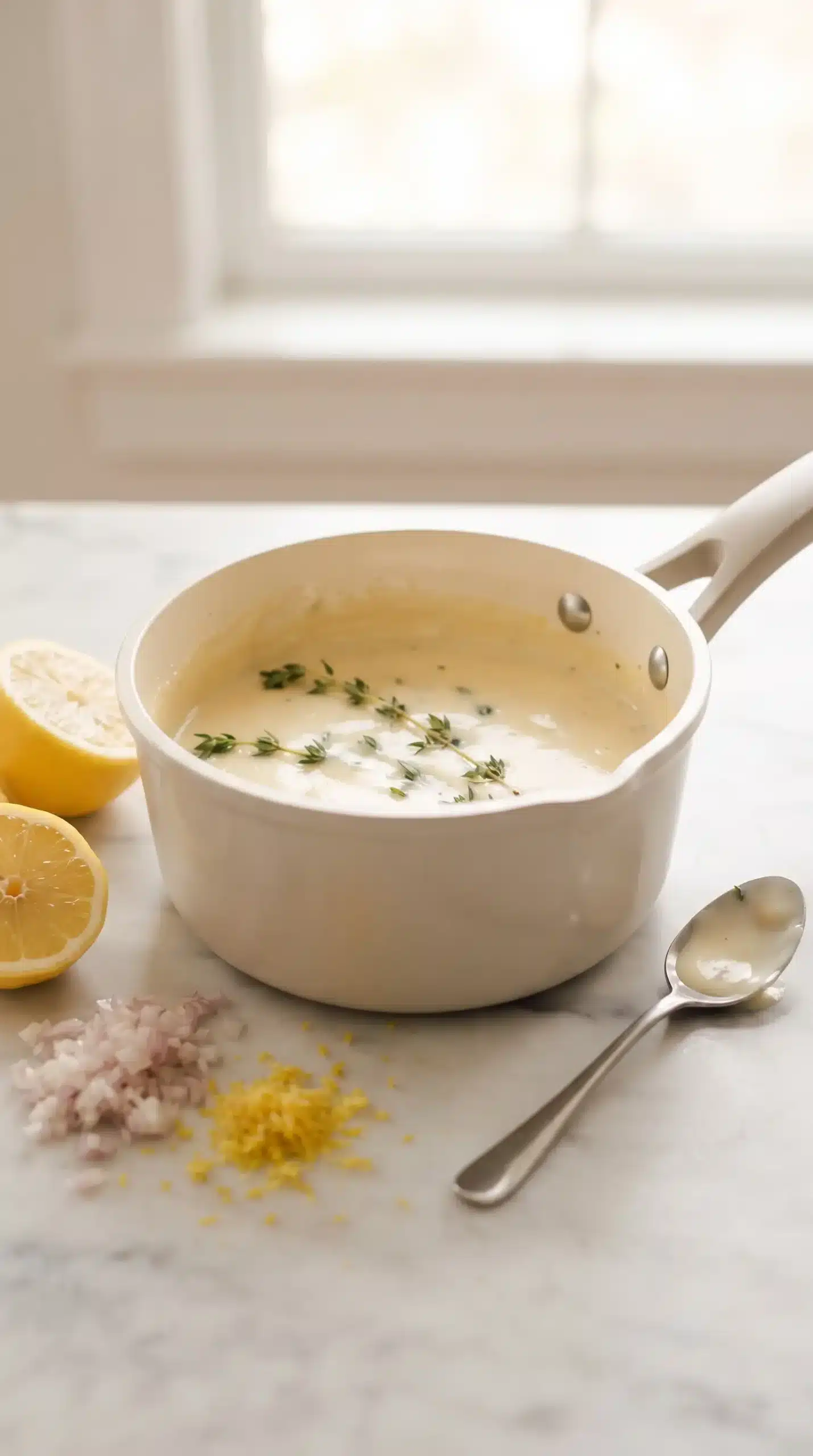 Lemon cream sauce simmering with thyme, garlic, shallot, and lemon zest in a saucepan
