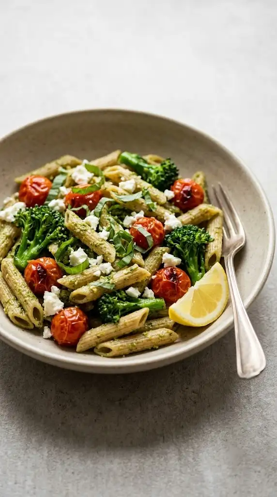 Lemon pesto penne pasta with roasted tomatoes, broccoli, feta, basil, and lemon wedge