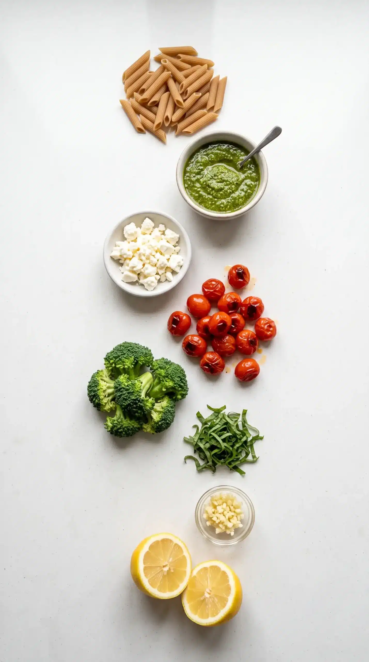 Ingredients for lemon pesto penne including pasta, pesto, feta, tomatoes, broccoli, basil, and lemon