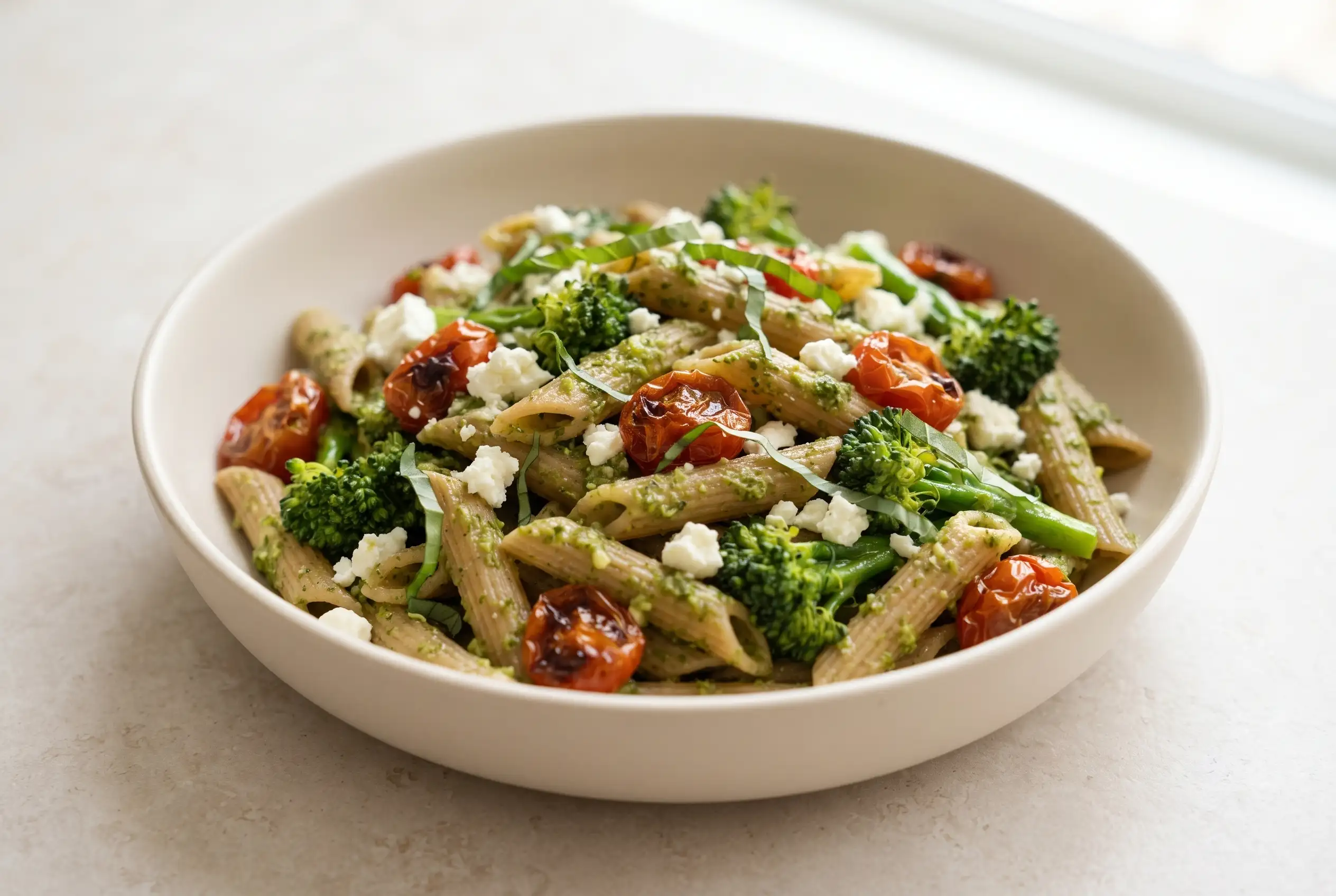 Lemon pesto pasta with penne, roasted tomatoes, baby broccoli, feta, and basil in a ceramic bowl