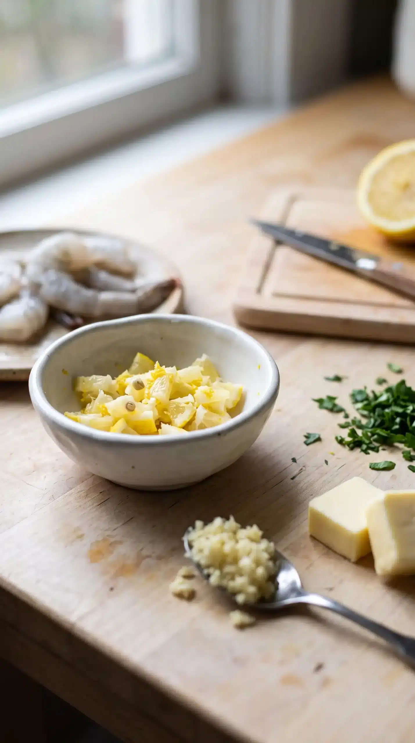 Chopped lemon pieces with garlic and butter prepared for shrimp scampi sauce