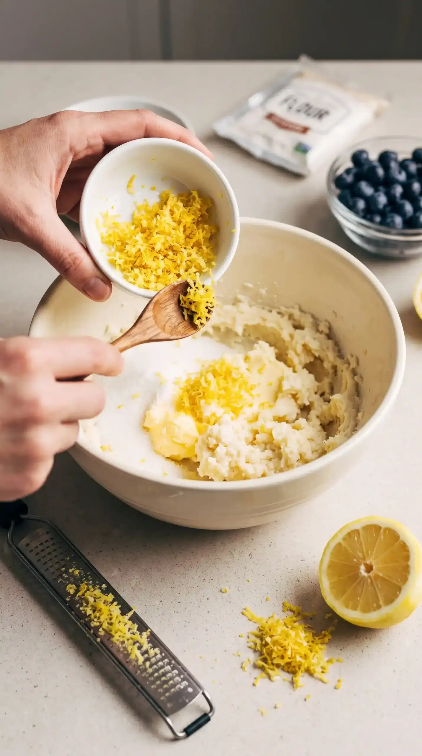Fresh lemon zest beside butter and sugar mixture for blueberry lemon bread