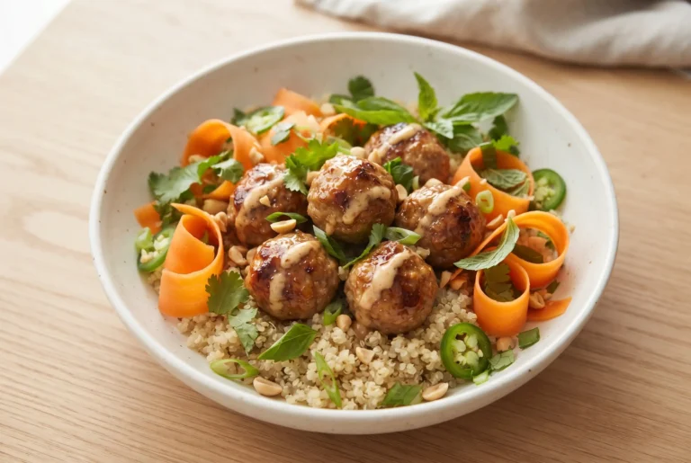 Lemongrass meatball bowls with pork meatballs, quinoa, pickled carrots, herbs, and spicy mayo