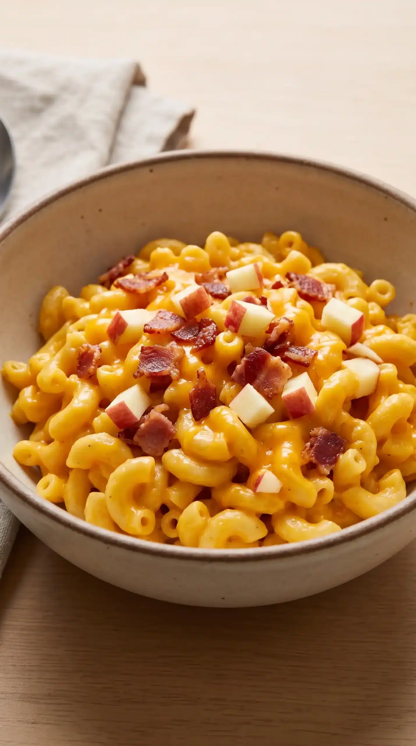 Serving of butternut squash mac and cheese topped with bacon and apple pieces