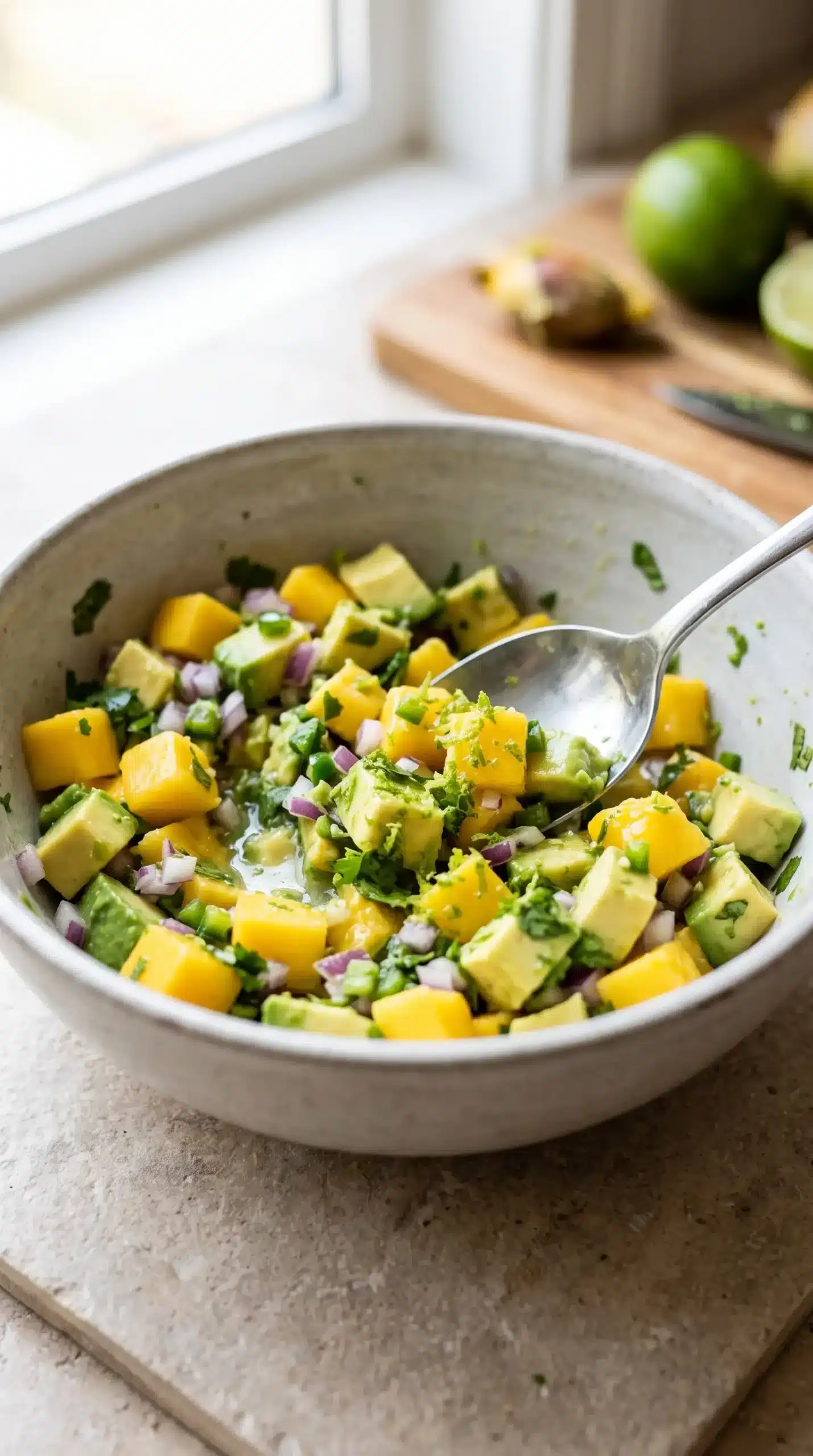 Fresh mango avocado salsa with diced mango, avocado, cilantro, red onion, and jalapeño