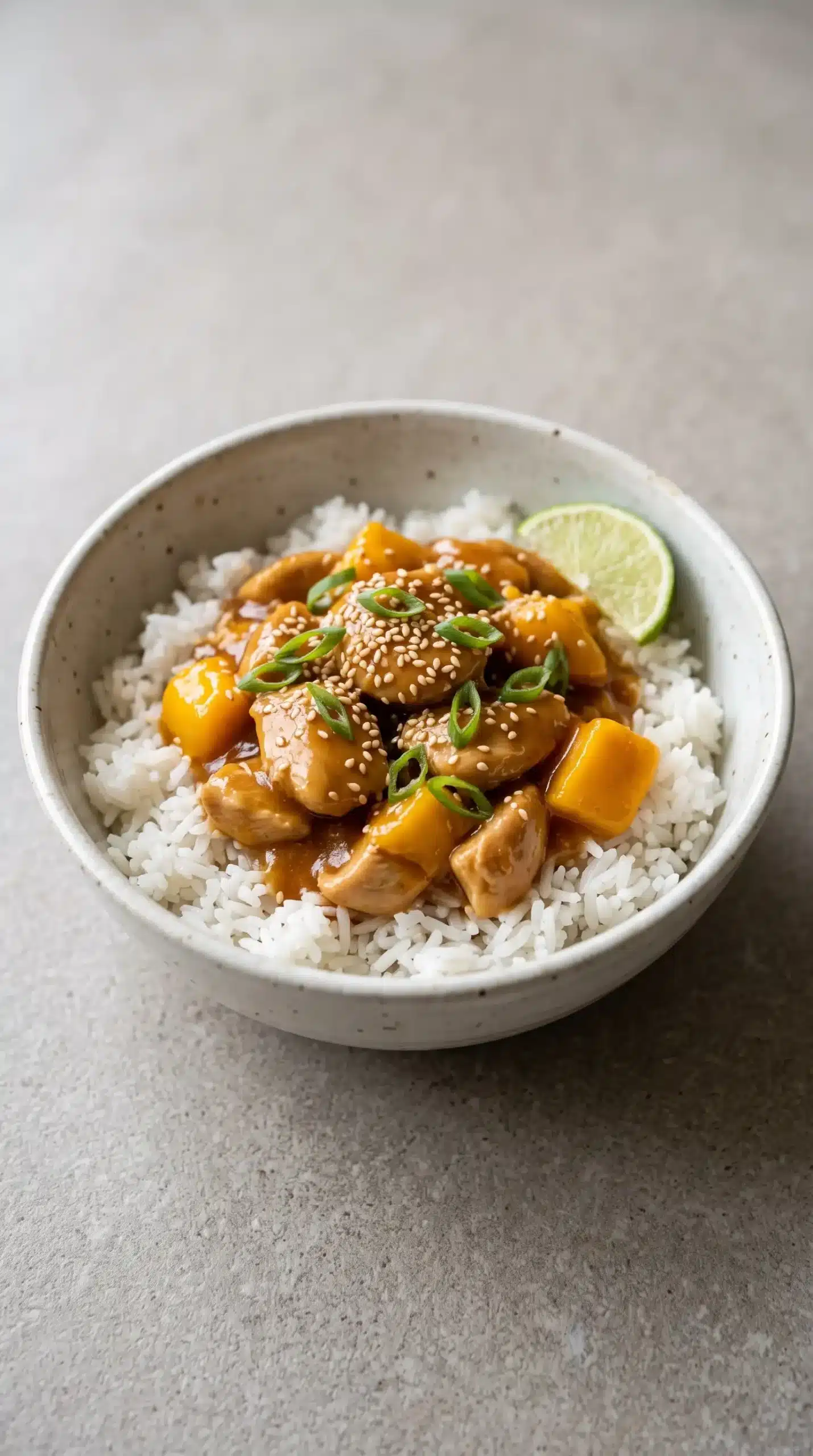 Mango chicken teriyaki bowl with rice, sauce, mango pieces, sesame seeds, and green onions