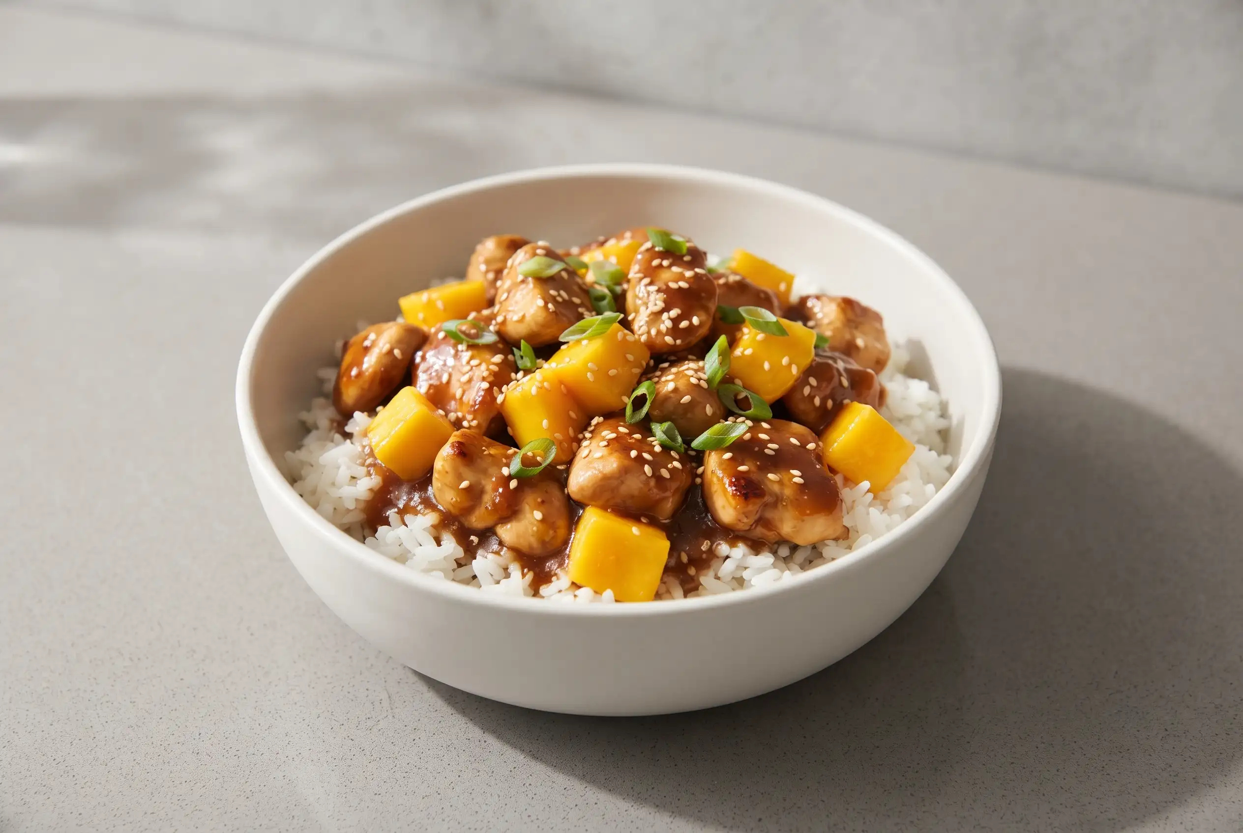 Mango chicken teriyaki with date blended sauce served over rice with mango chunks and green onions