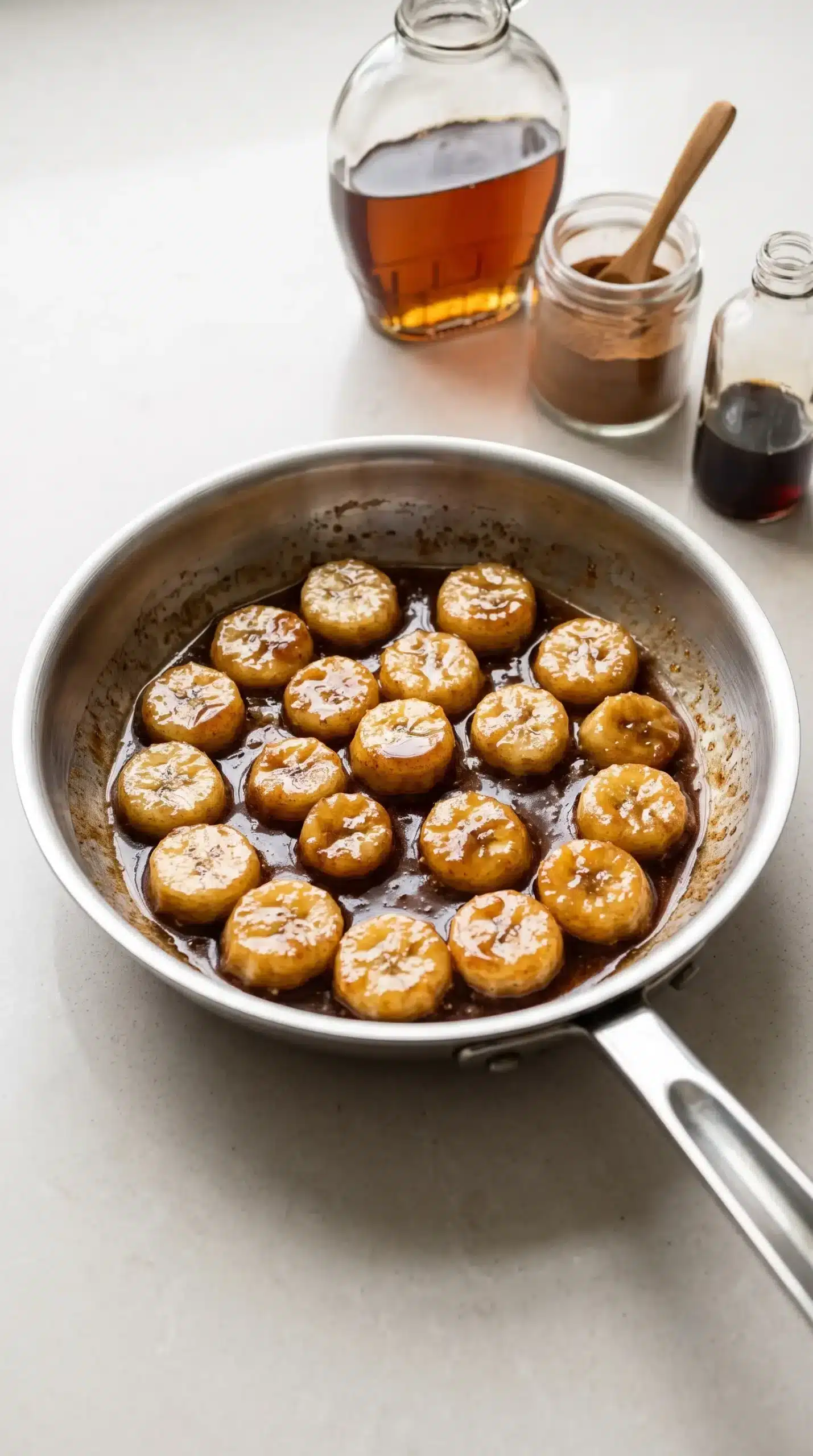 Banana slices cooking with maple syrup, cinnamon, and vanilla in a skillet