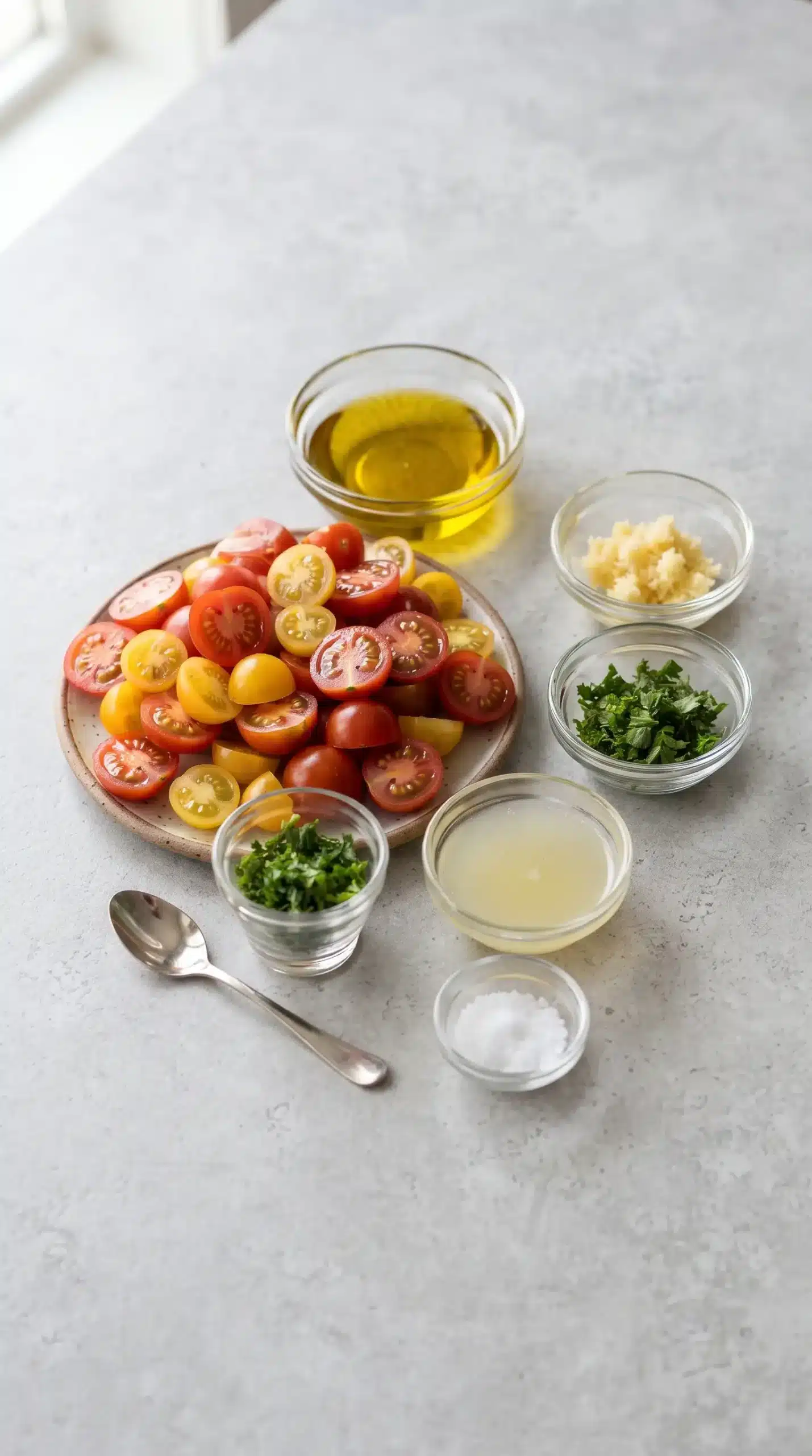 Cherry tomatoes, olive oil, garlic, parsley, vinegar, and salt for marinated tomatoes