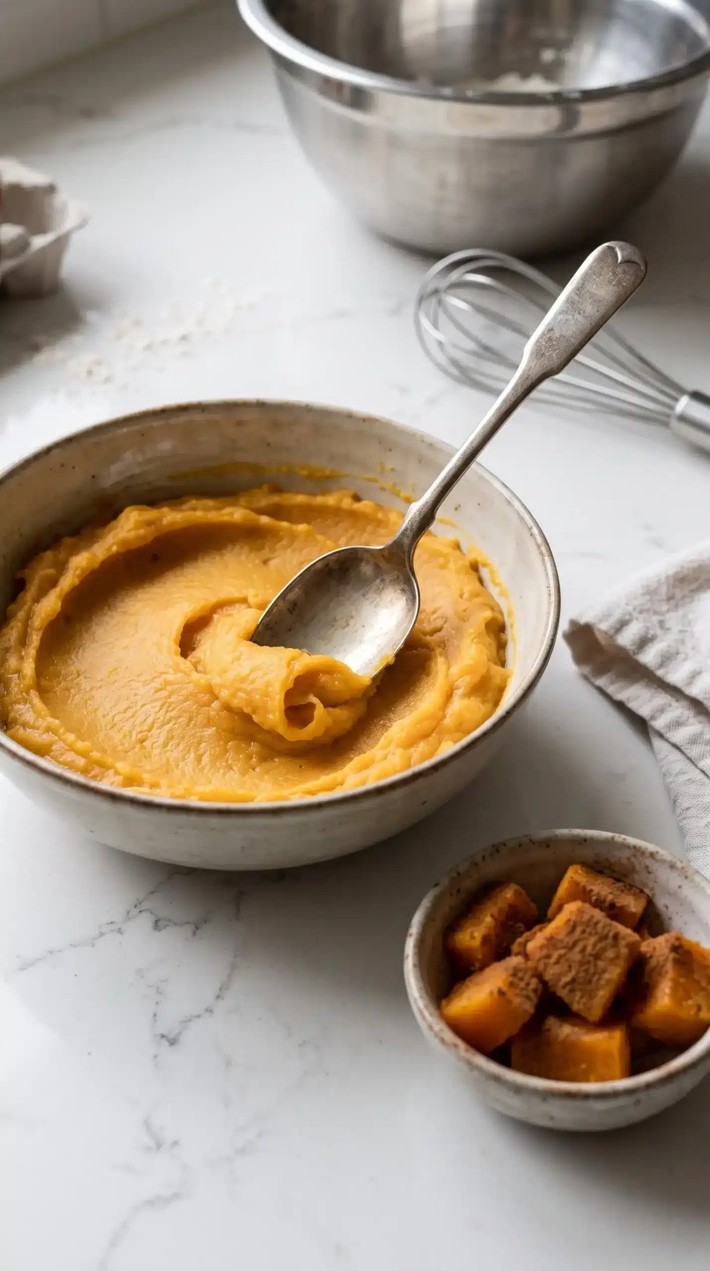 Mashed butternut squash being prepared for pancakes with cinnamon-coated squash pieces nearby