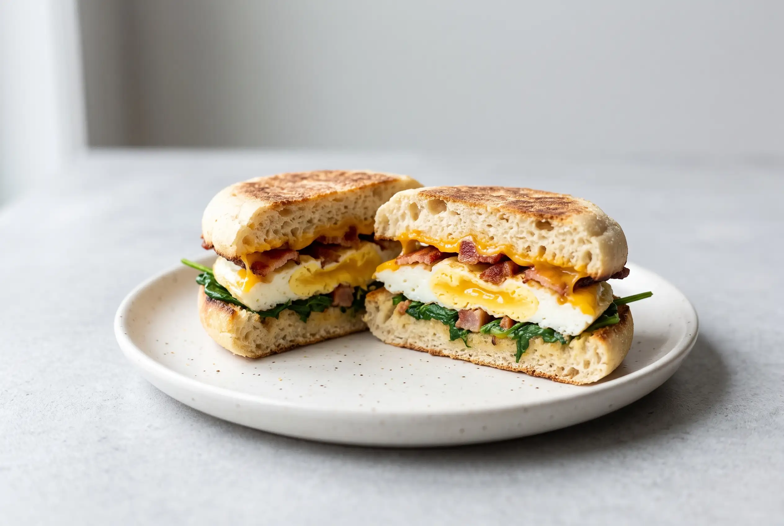 Meal prep breakfast sandwich with bacon, spinach, egg, and cheese on a toasted English muffin