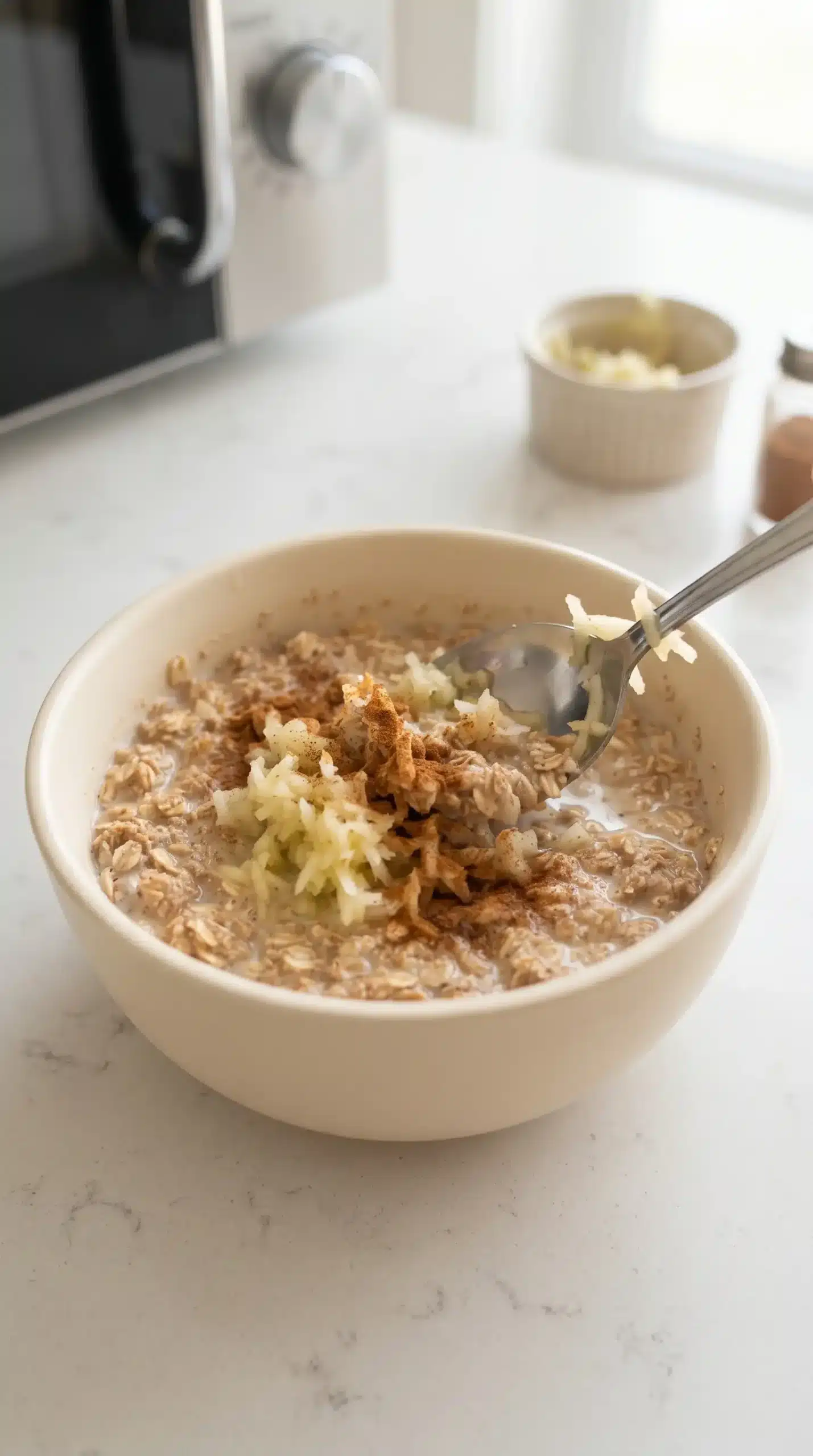 Bowl of oatmeal with grated apple and cinnamon added during microwave preparation