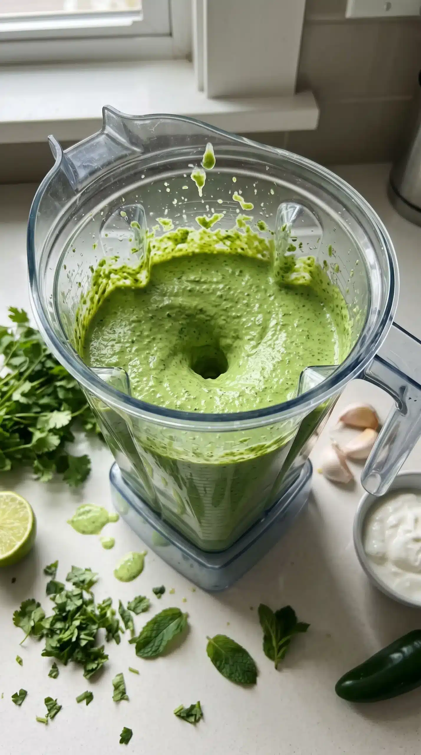 Blender jar with smooth green mint cilantro sauce for cauliflower chickpeas