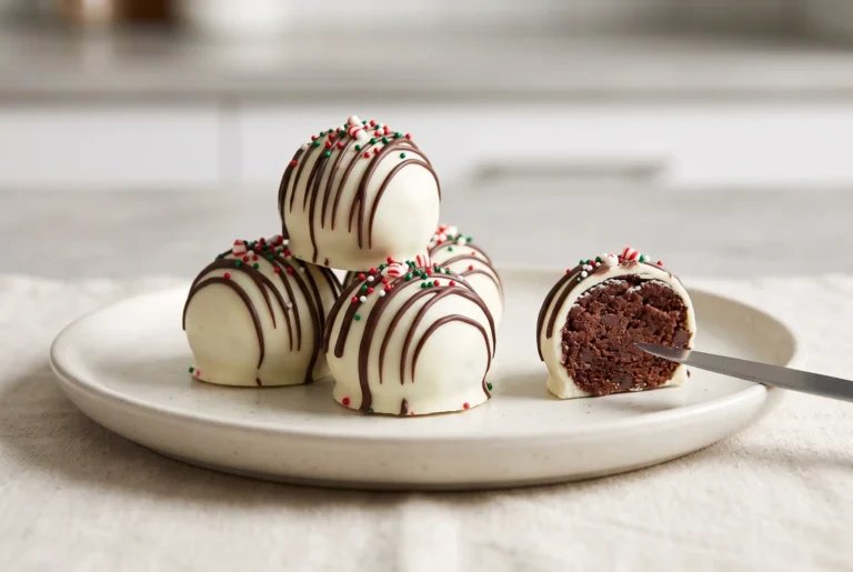 Minty chocolate cake bites with white coating, chocolate drizzle, sprinkles, and a soft cake center