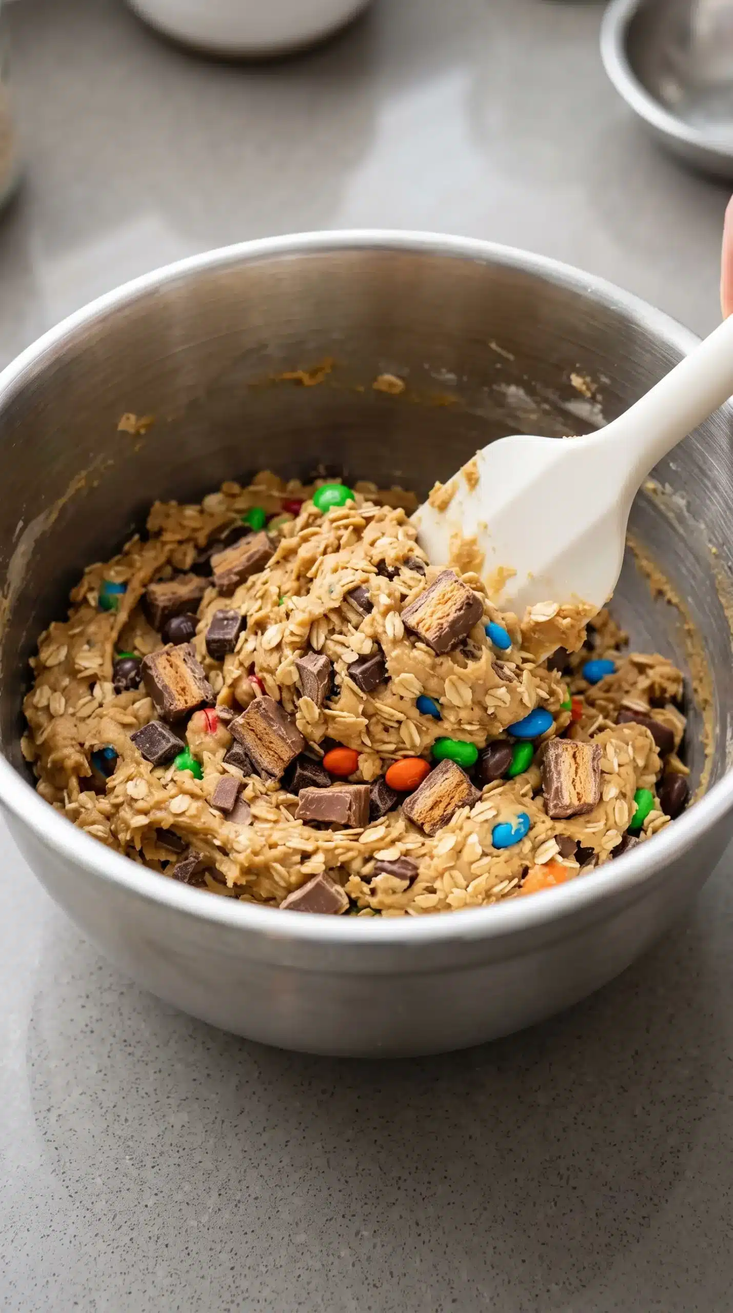 Peanut butter cookie dough mixed with oats, Butterfinger pieces, chocolate, and M&M candies
