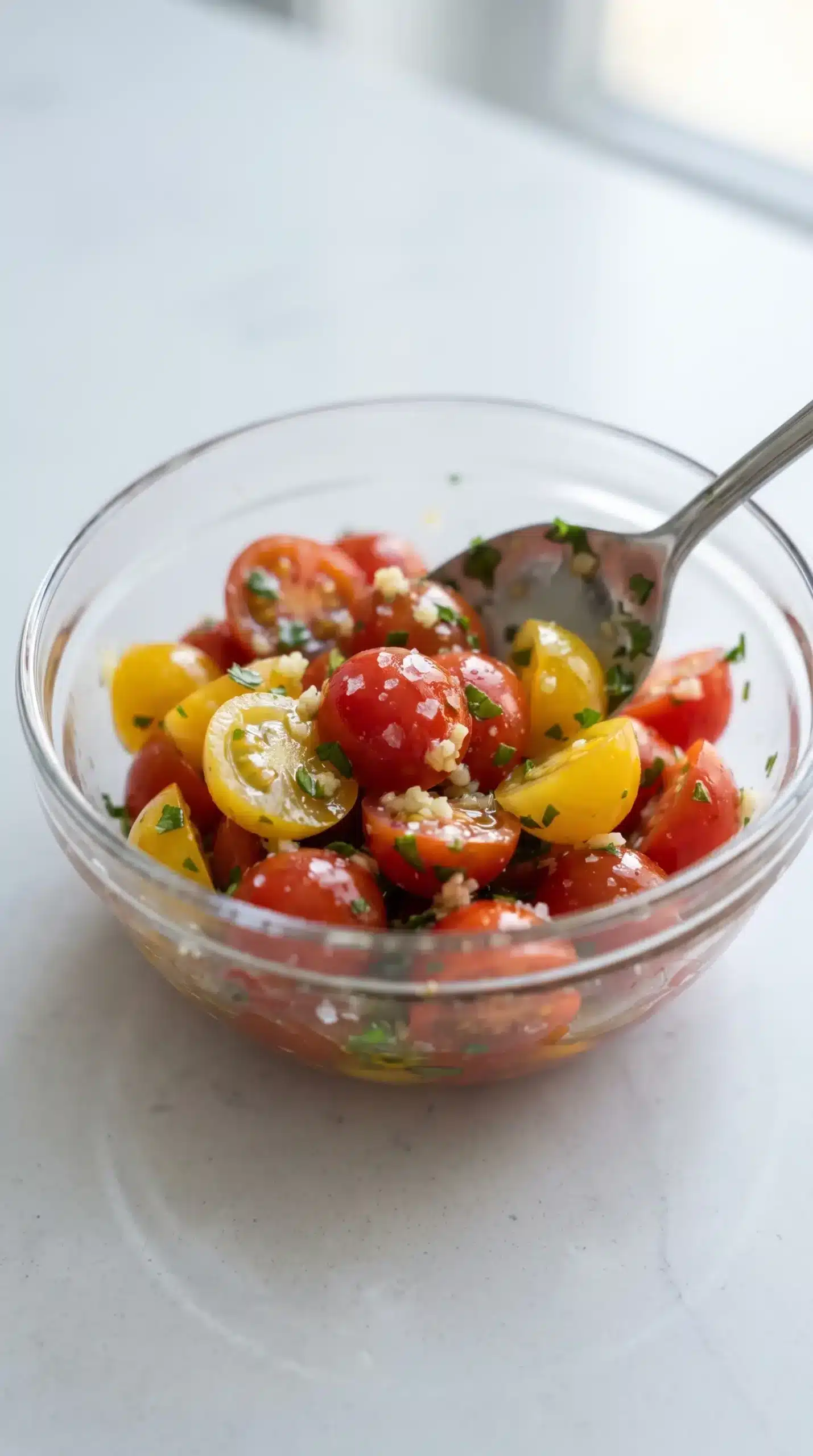 Cherry tomatoes tossed with olive oil, garlic, herbs, vinegar, and salt in a bowl
