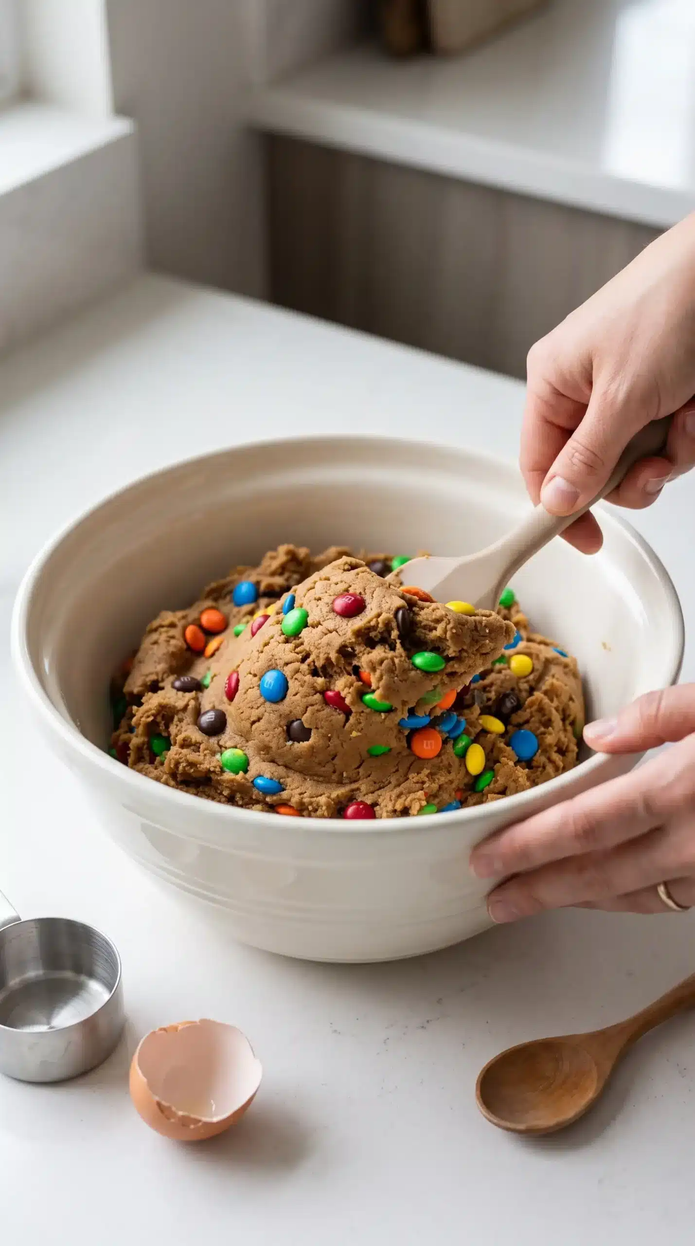 Brown sugar cookie dough with M&M pieces being mixed in a bowl
