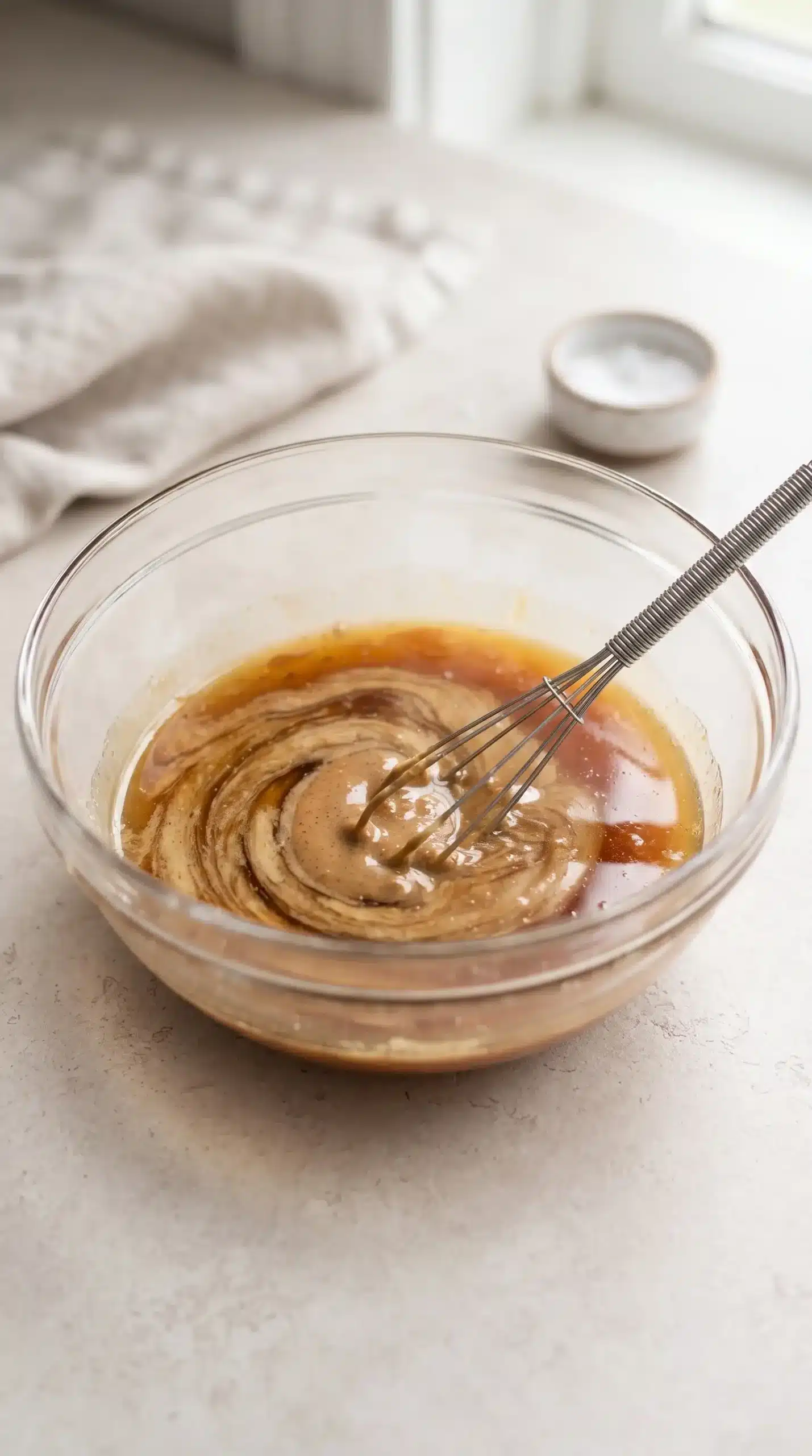 Vegan caramel sauce ingredients being melted and whisked in a glass container