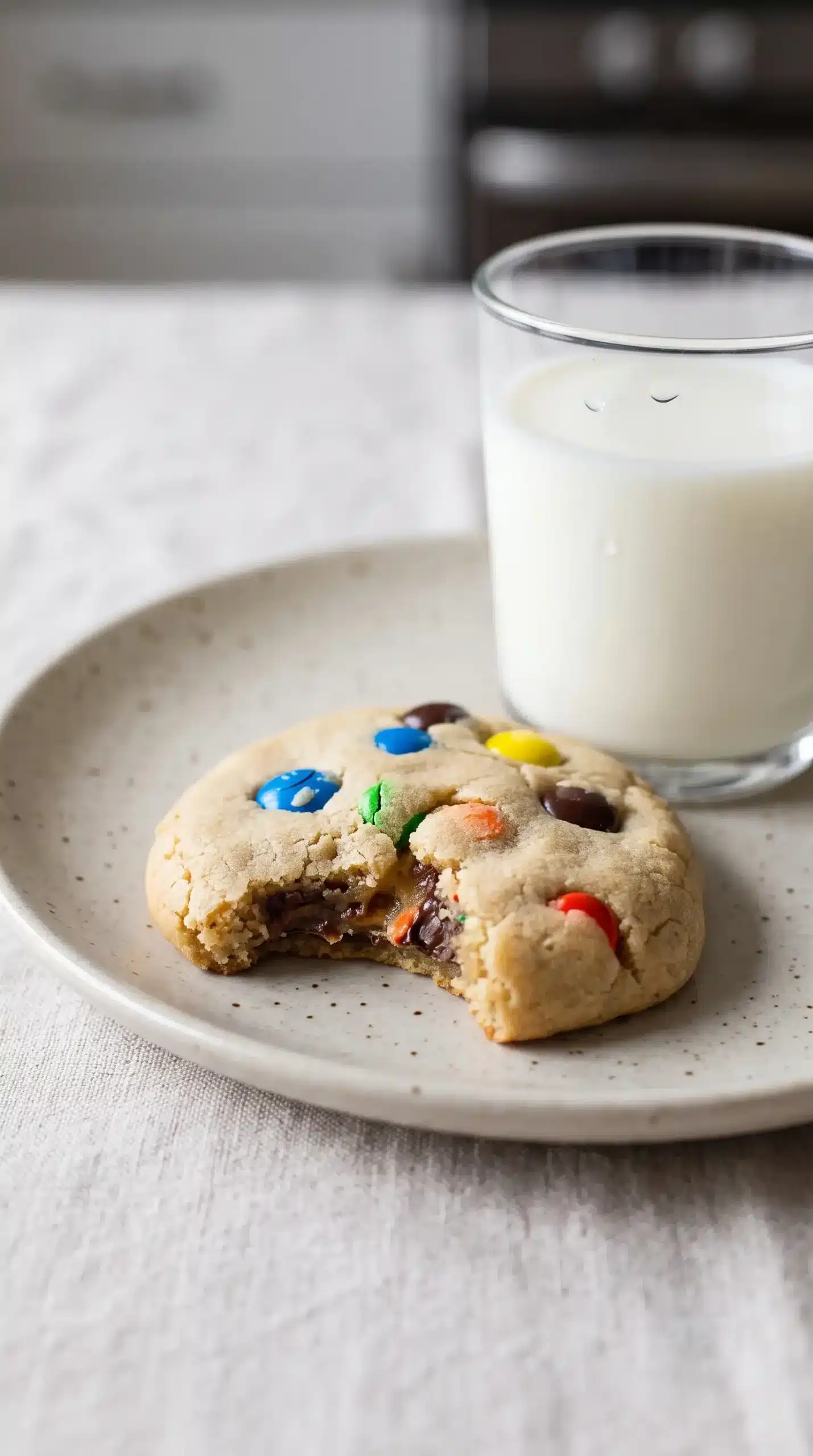 Broken M&M cookie revealing a soft center with chocolate pieces beside milk