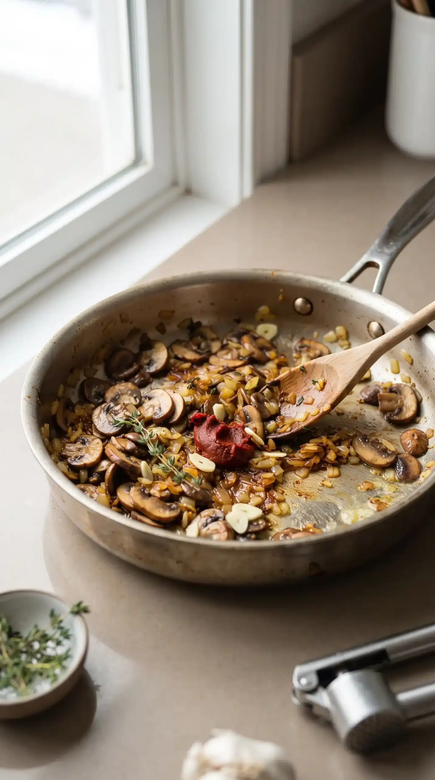 Browned mushrooms and onions cooking with garlic and thyme for mushroom gravy