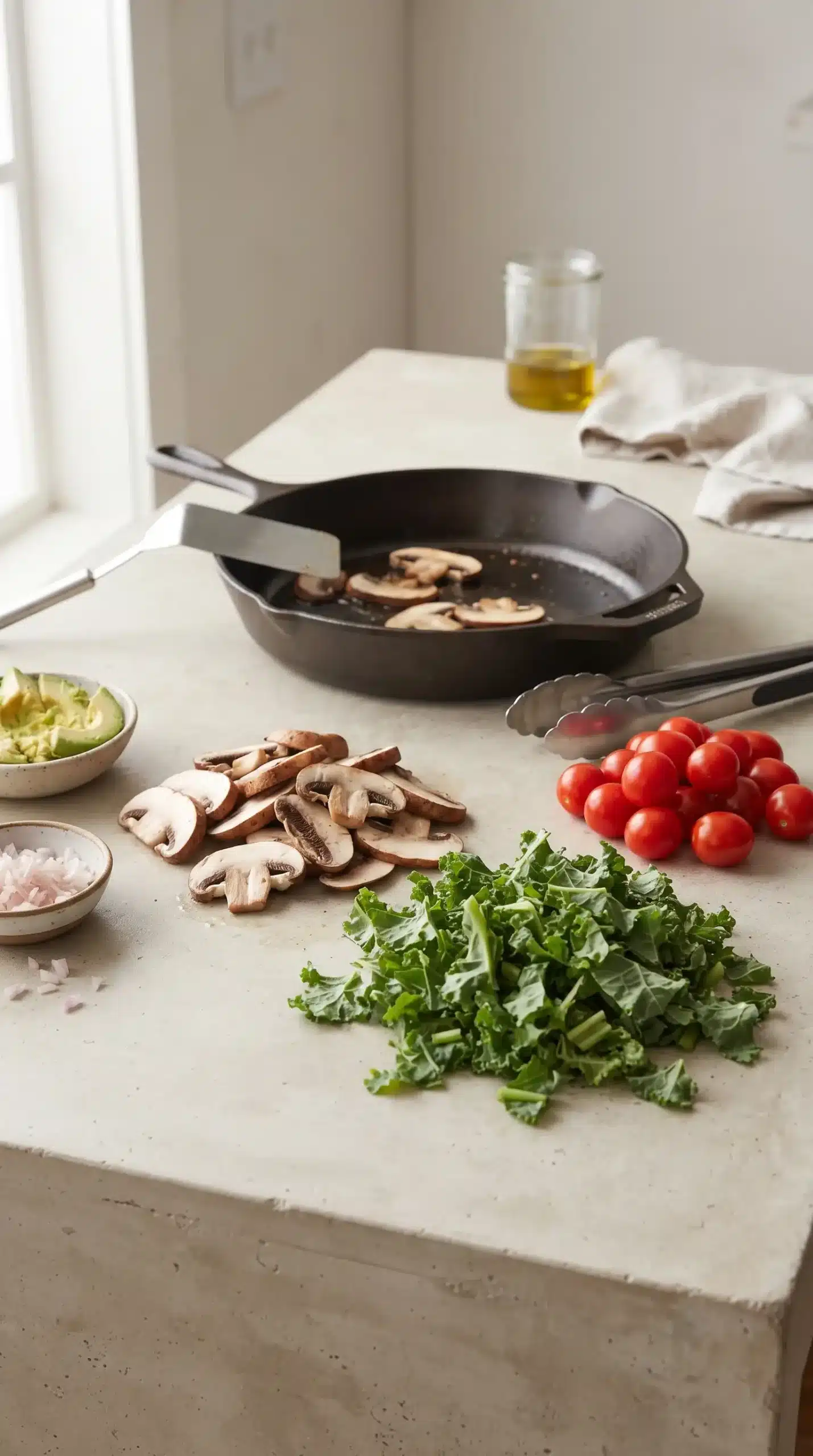 Sliced mushrooms, chopped kale, tomatoes, and shallot prepared for avocado veggie panini filling