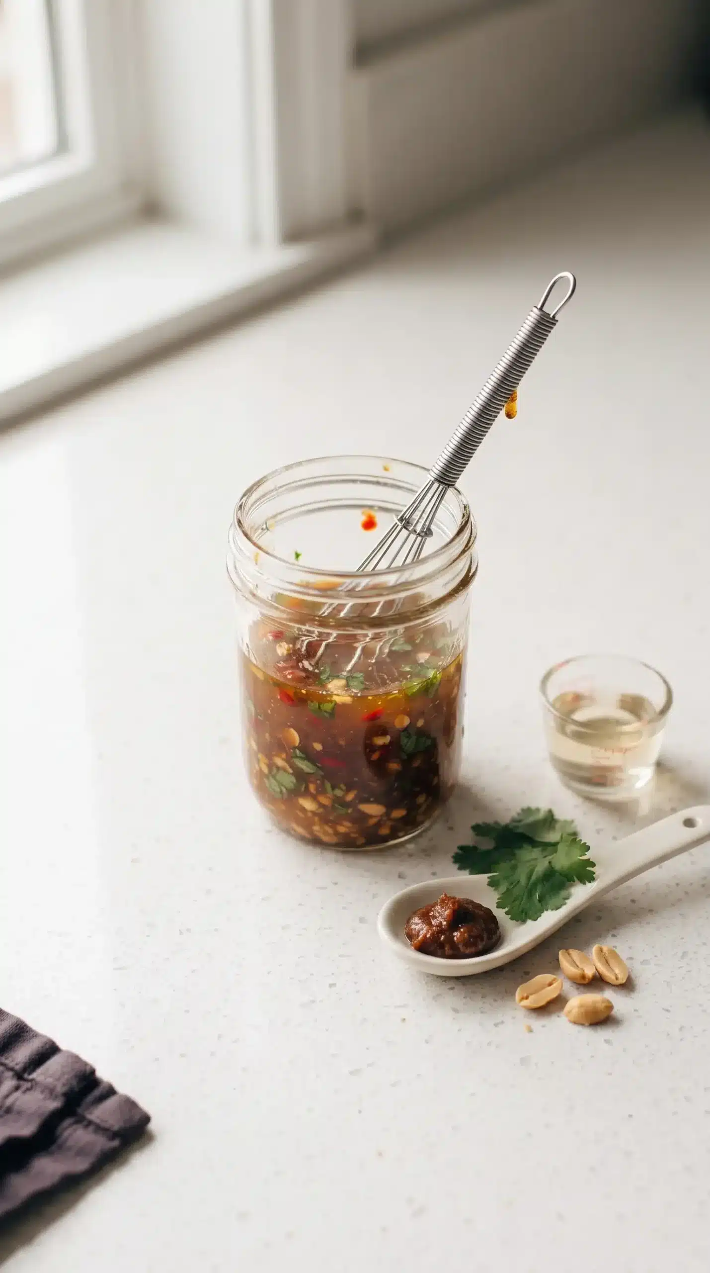 Stir fry sauce ingredients mixed in a bowl with soy sauce, vinegar, and chili paste