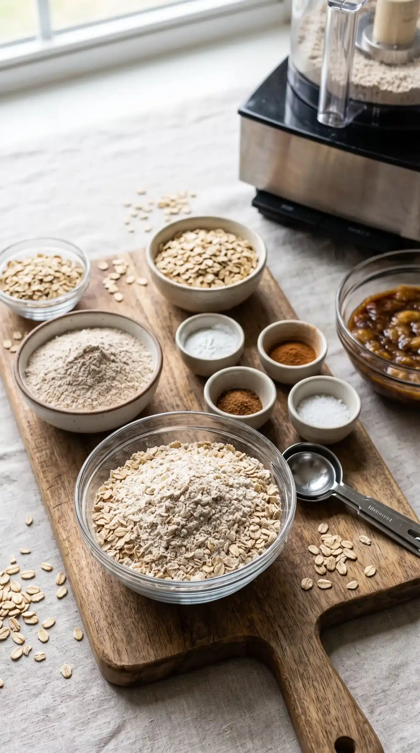Oat flour, whole wheat flour, rolled oats, and spices for muffin batter