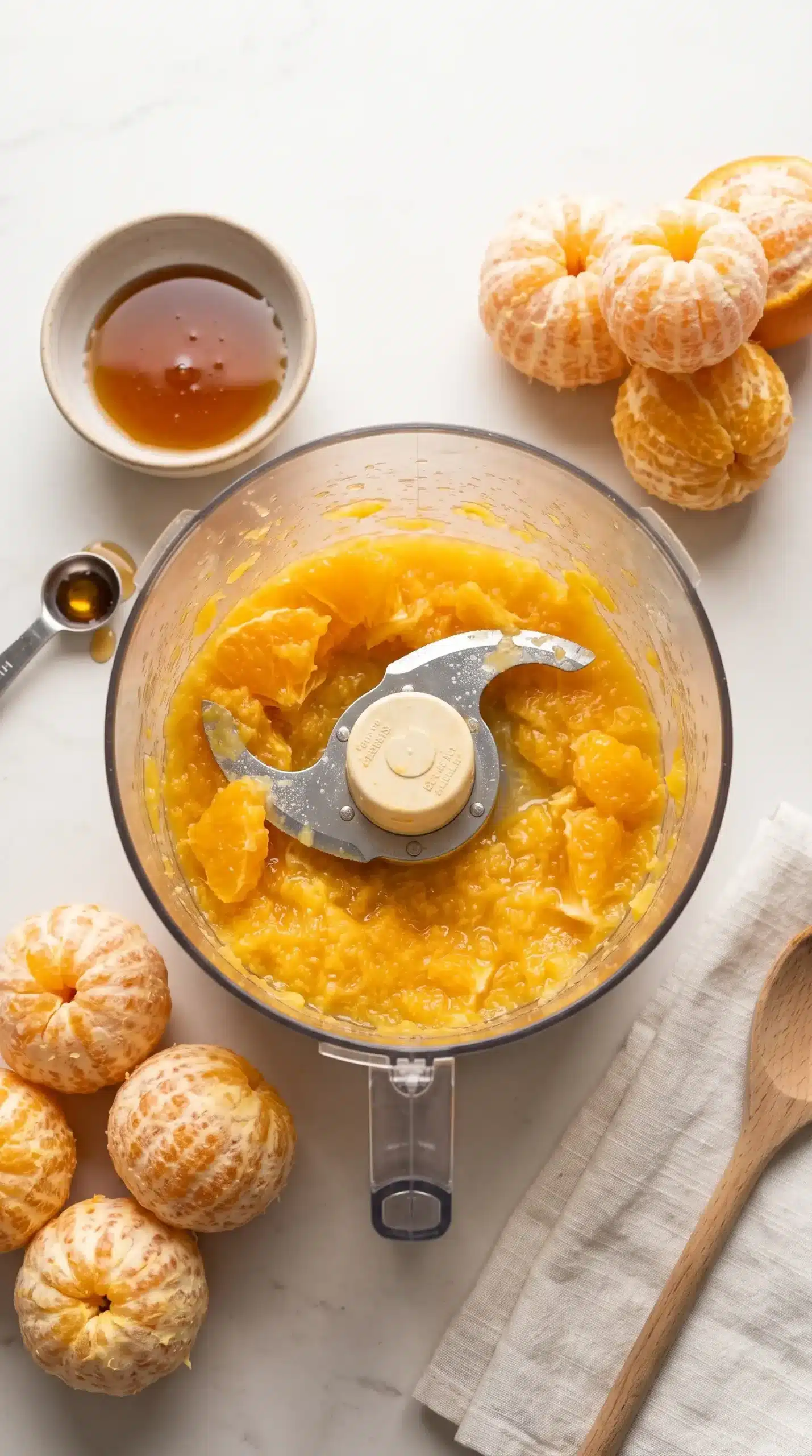 Peeled oranges and agave blended into a citrus mixture for blueberry orange cake