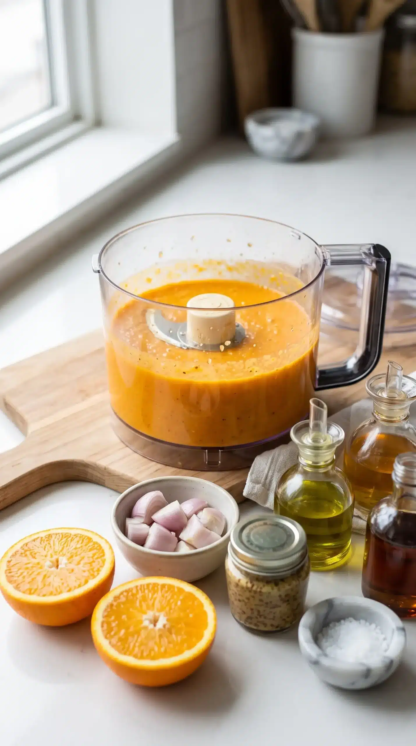 Orange shallot sauce ingredients blended into a smooth glaze for caramelized brussels sprouts