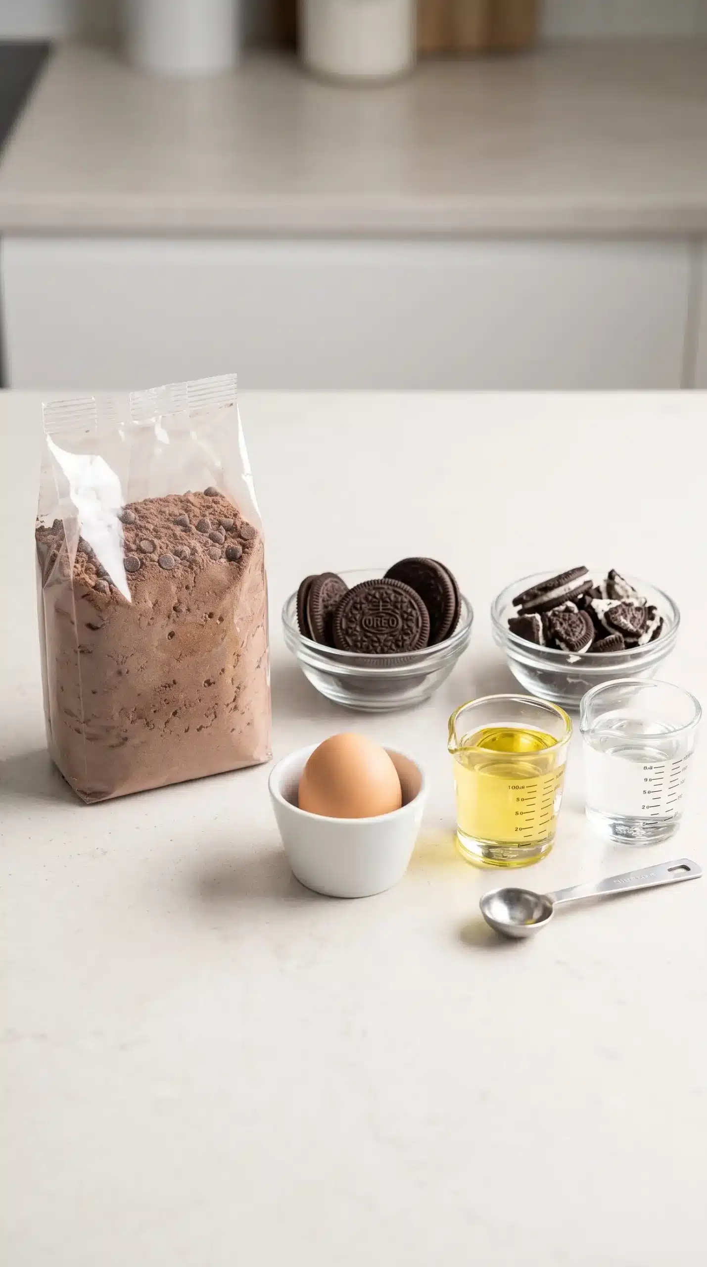 Ingredients for Oreo brownies with chocolate brownie mix, Oreo cookies, egg, oil, and water
