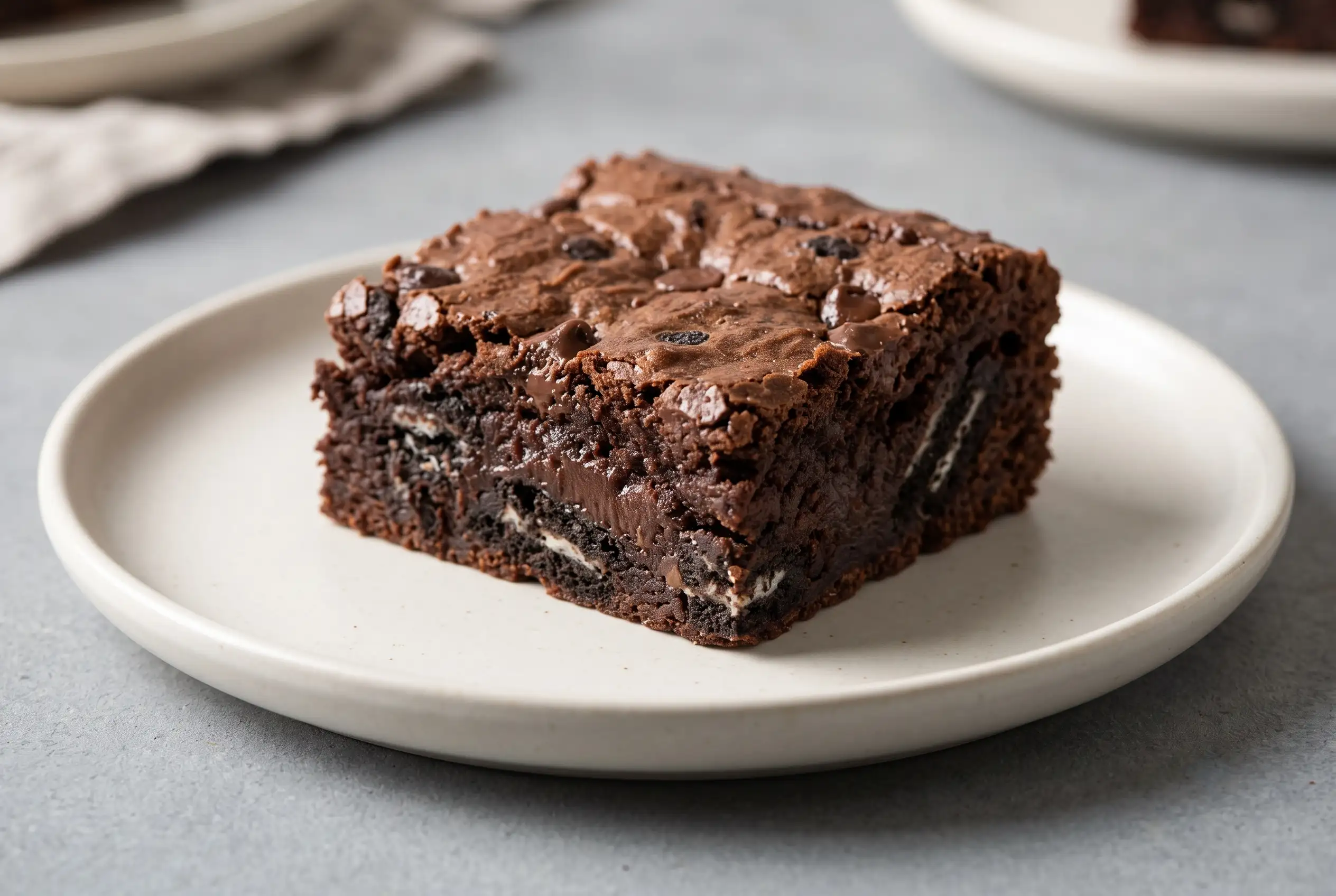Oreo brownies square with a fudgy chocolate center and crushed Oreo cookie pieces
