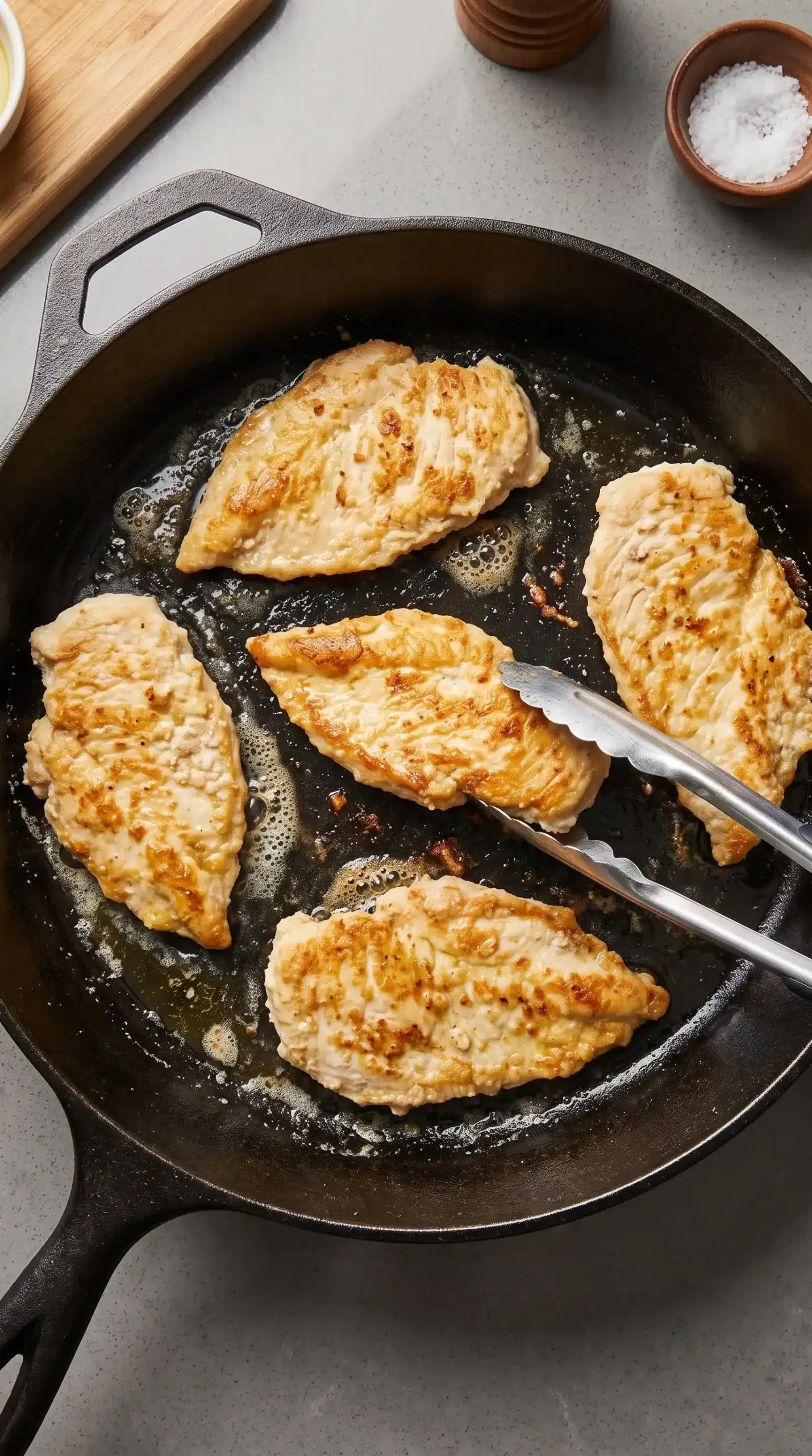 Pan-fried chicken pieces browning in a skillet for pappardelle pasta