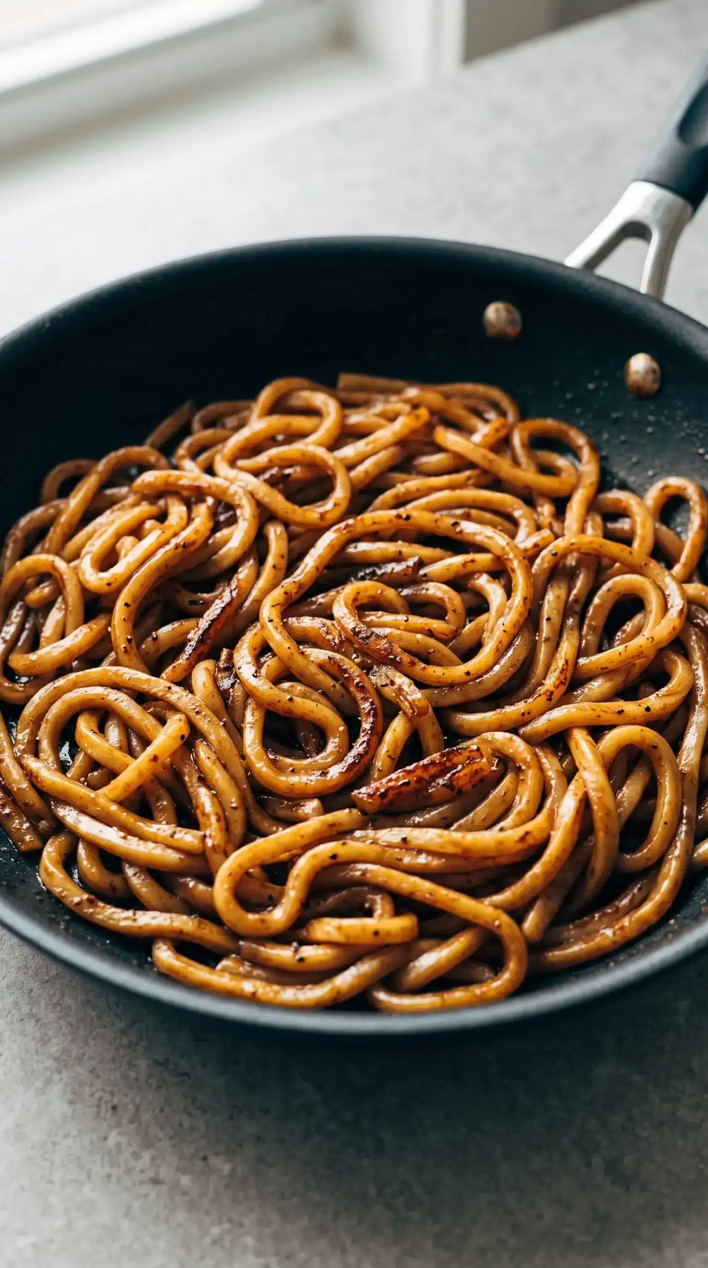 Udon noodles browning in a skillet during the stir fry cooking process