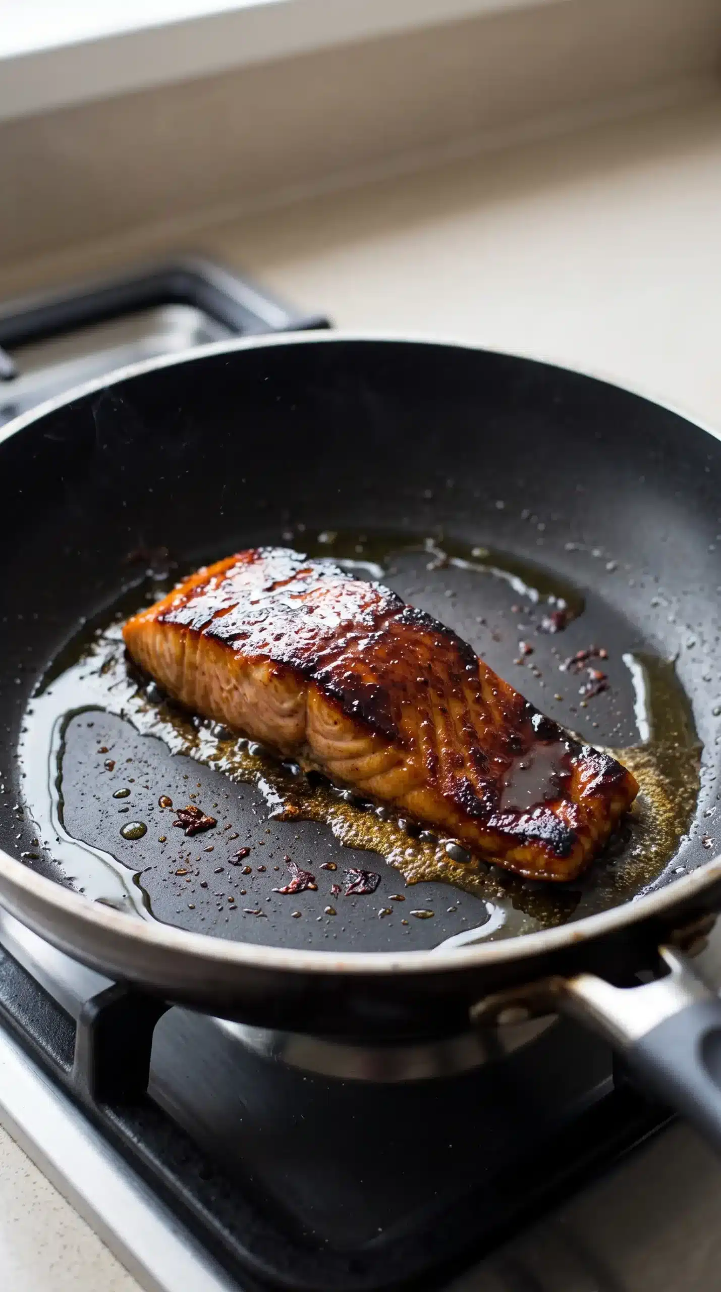 Skin-on salmon fillet searing in a skillet as a caramelized crust forms
