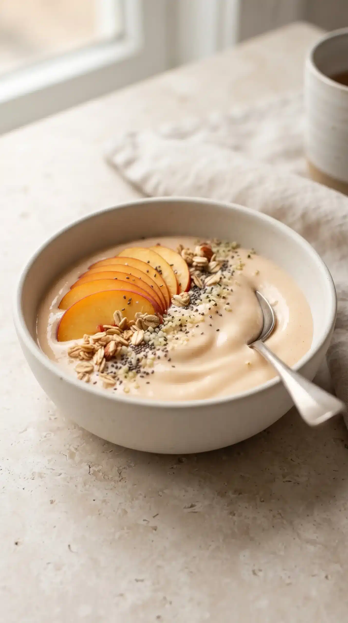 Peach vegan yogurt served in a bowl with sliced peaches, granola, and seeds