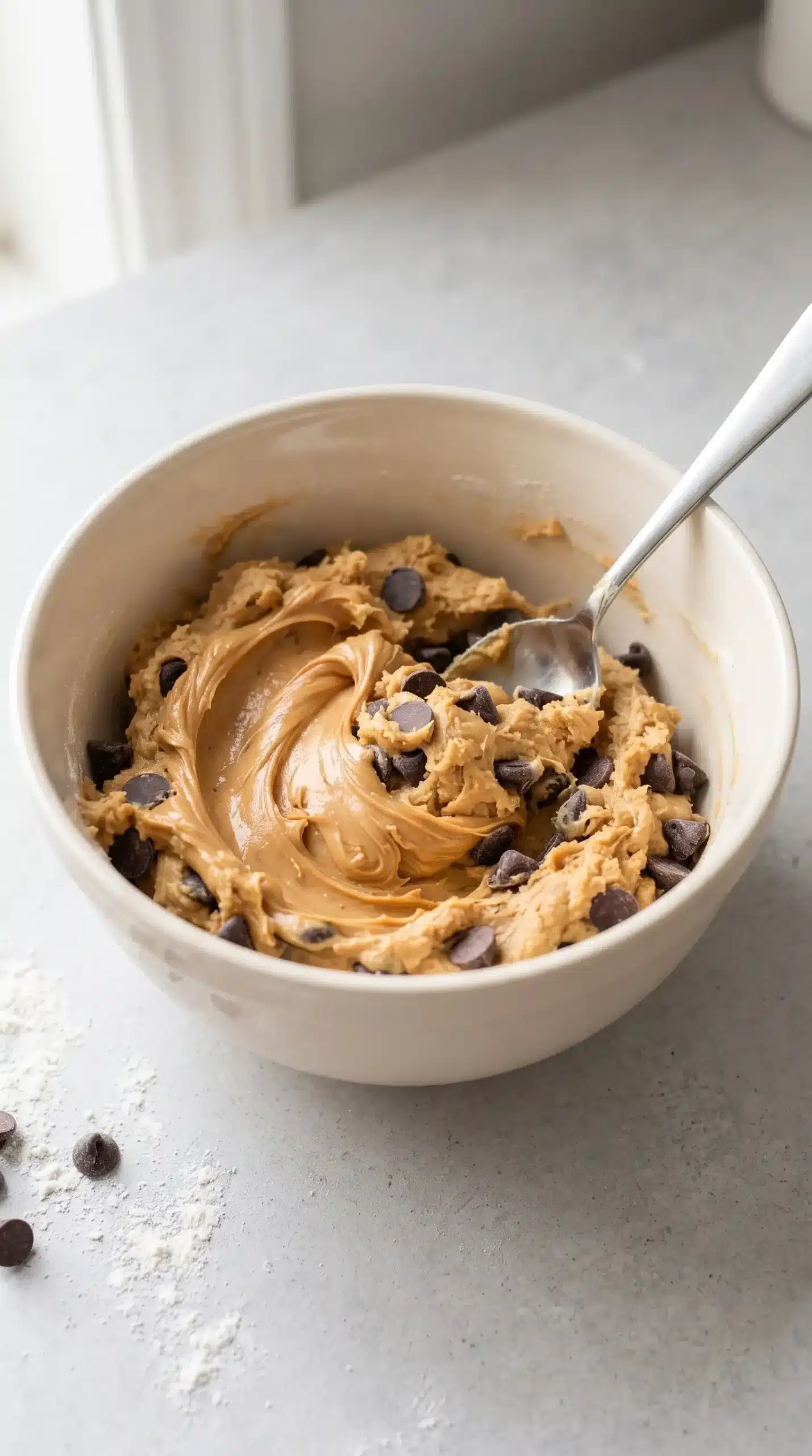 Peanut butter cookie dough being mixed with chocolate chips in a bowl