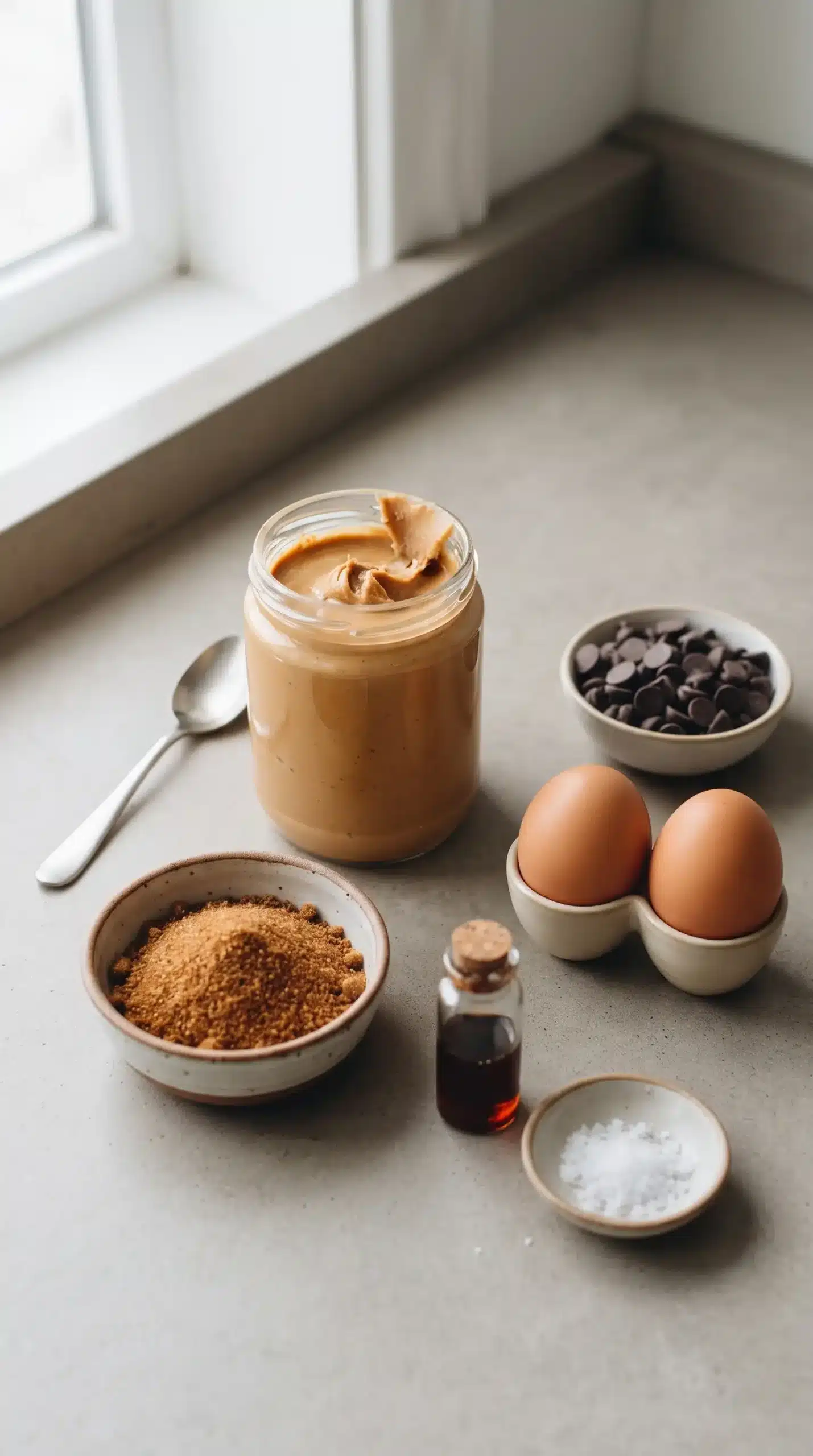 Ingredients for peanut butter chocolate chip cookies with peanut butter, coconut sugar, eggs, and chocolate chips