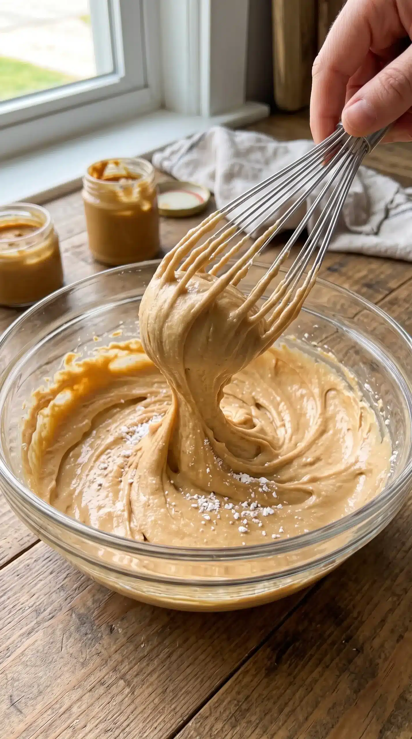 Bowl of smooth peanut butter frosting being whisked for banana cake topping