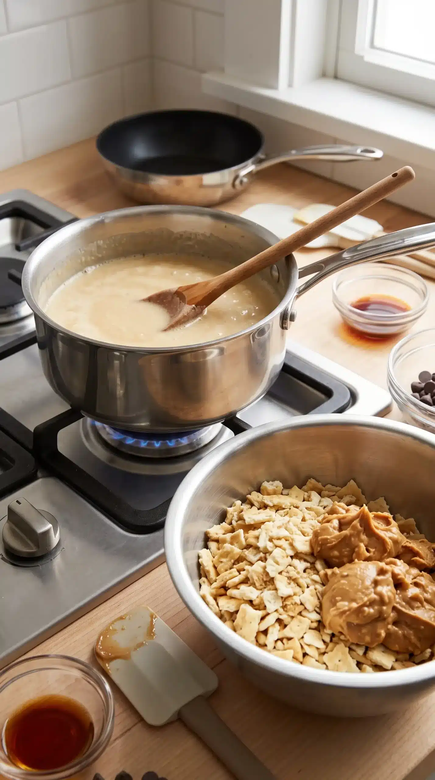 Sugar, milk, and butter mixture cooking for peanut butter fudge preparation