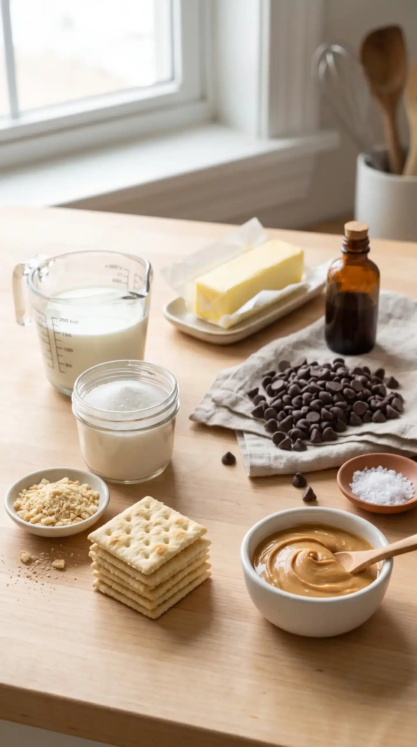 Ingredients for peanut butter fudge with crackers, peanut butter, chocolate chips, and sea salt