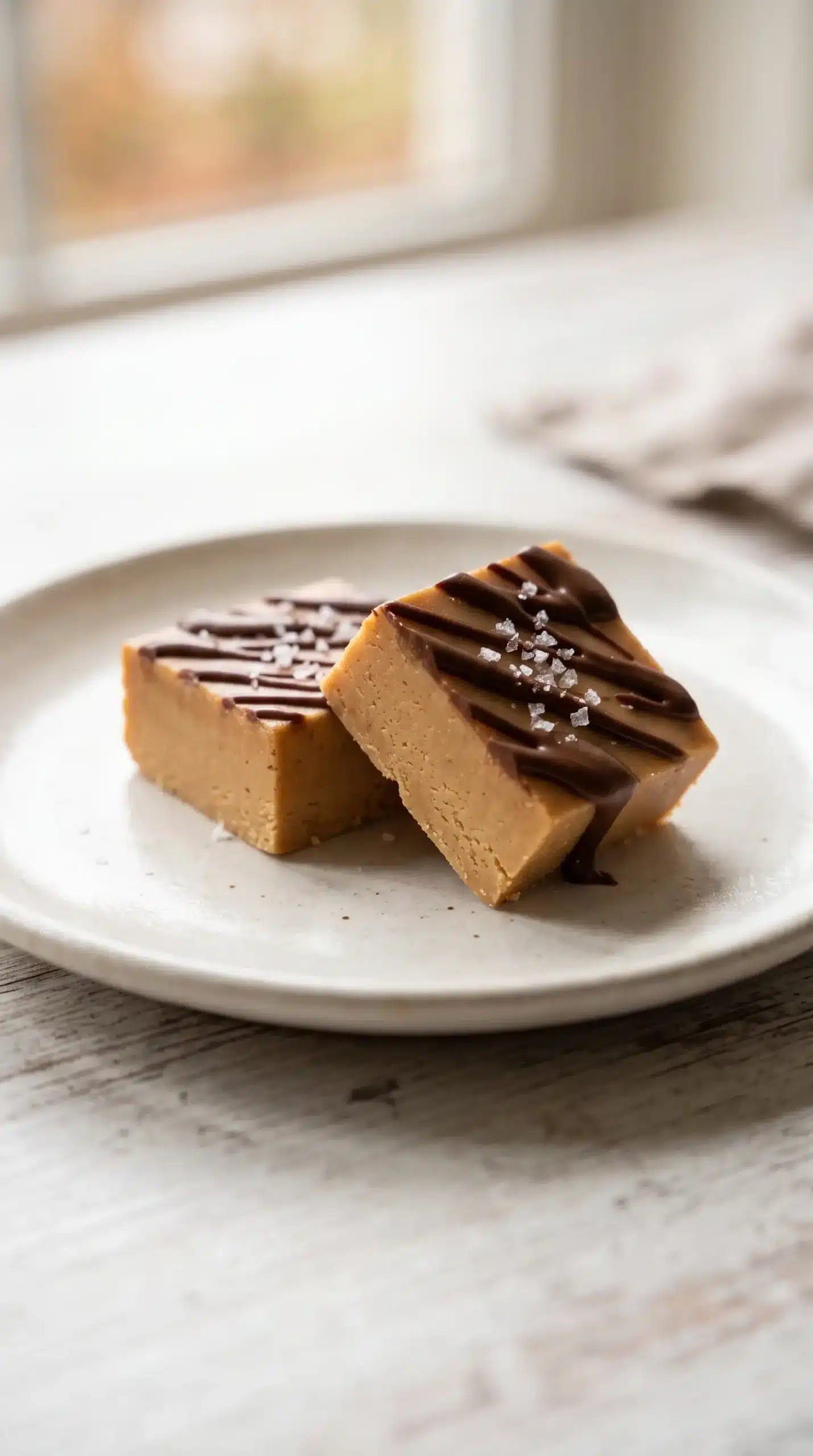 Peanut butter fudge squares topped with chocolate and sea salt on a plate