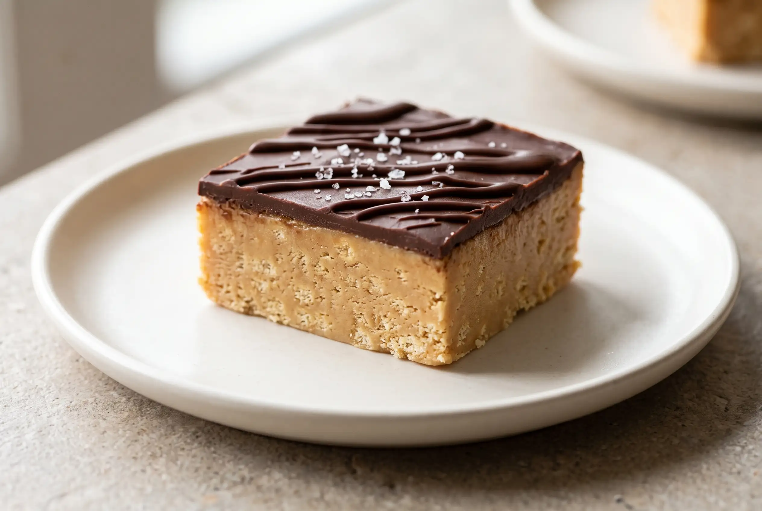Peanut butter fudge square with chocolate topping and sea salt on a ceramic plate