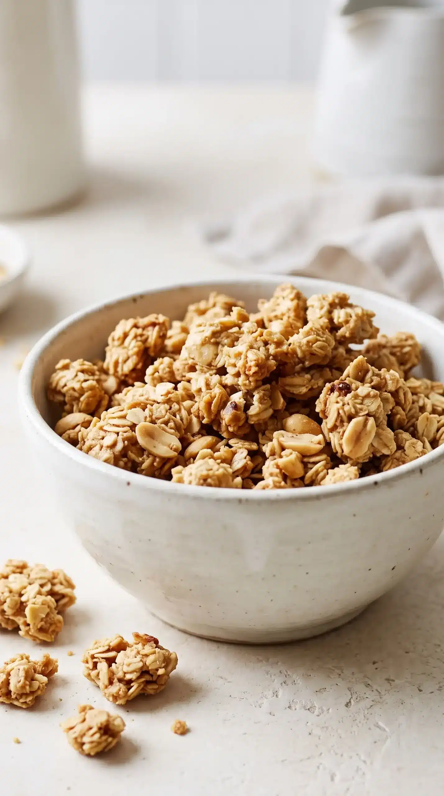 Homemade peanut butter granola clusters with oats and roasted peanuts in a bowl